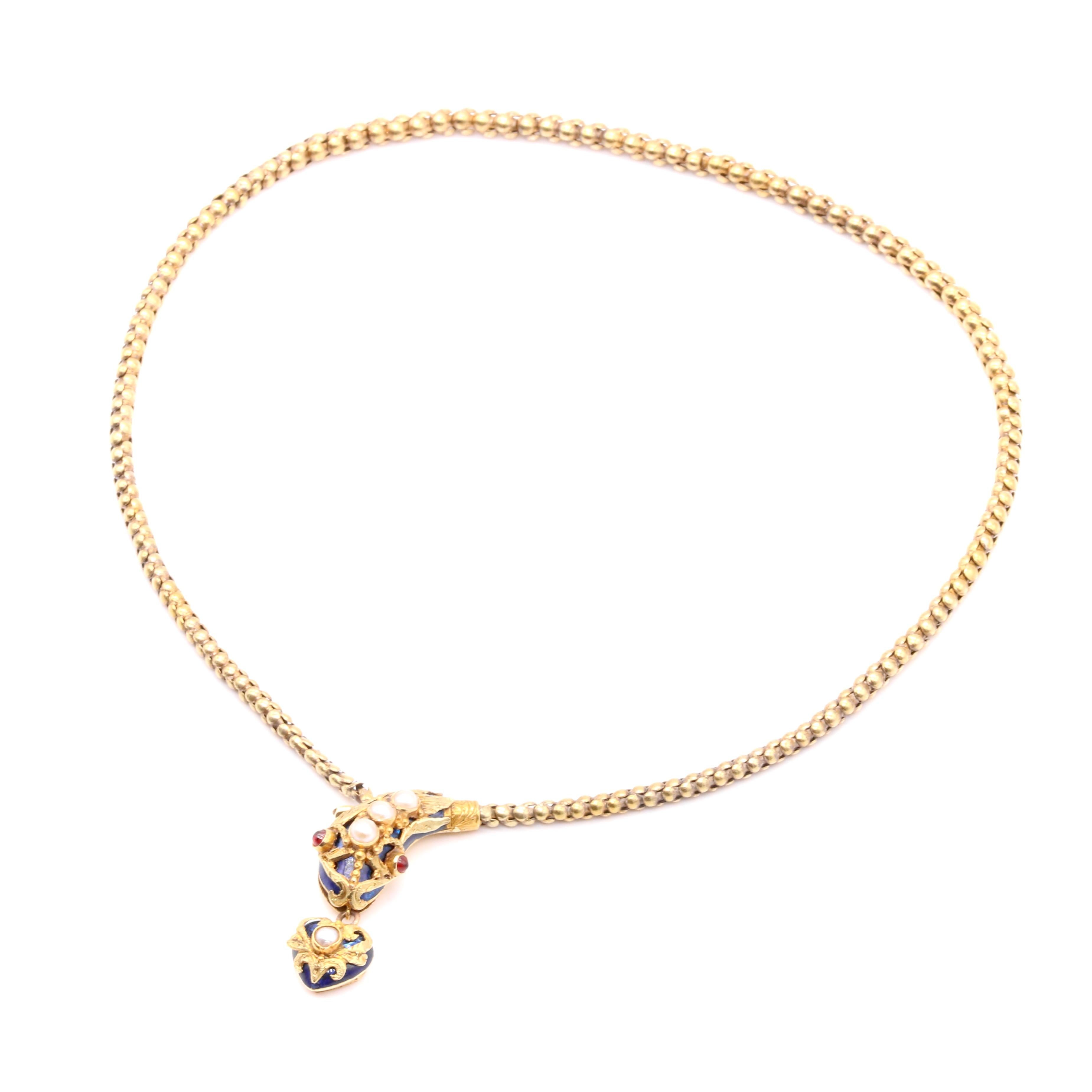 Antique Victorian 1850s 18K Gold Blue Enamel Pearl & Garnet Snake Necklace For Sale 2
