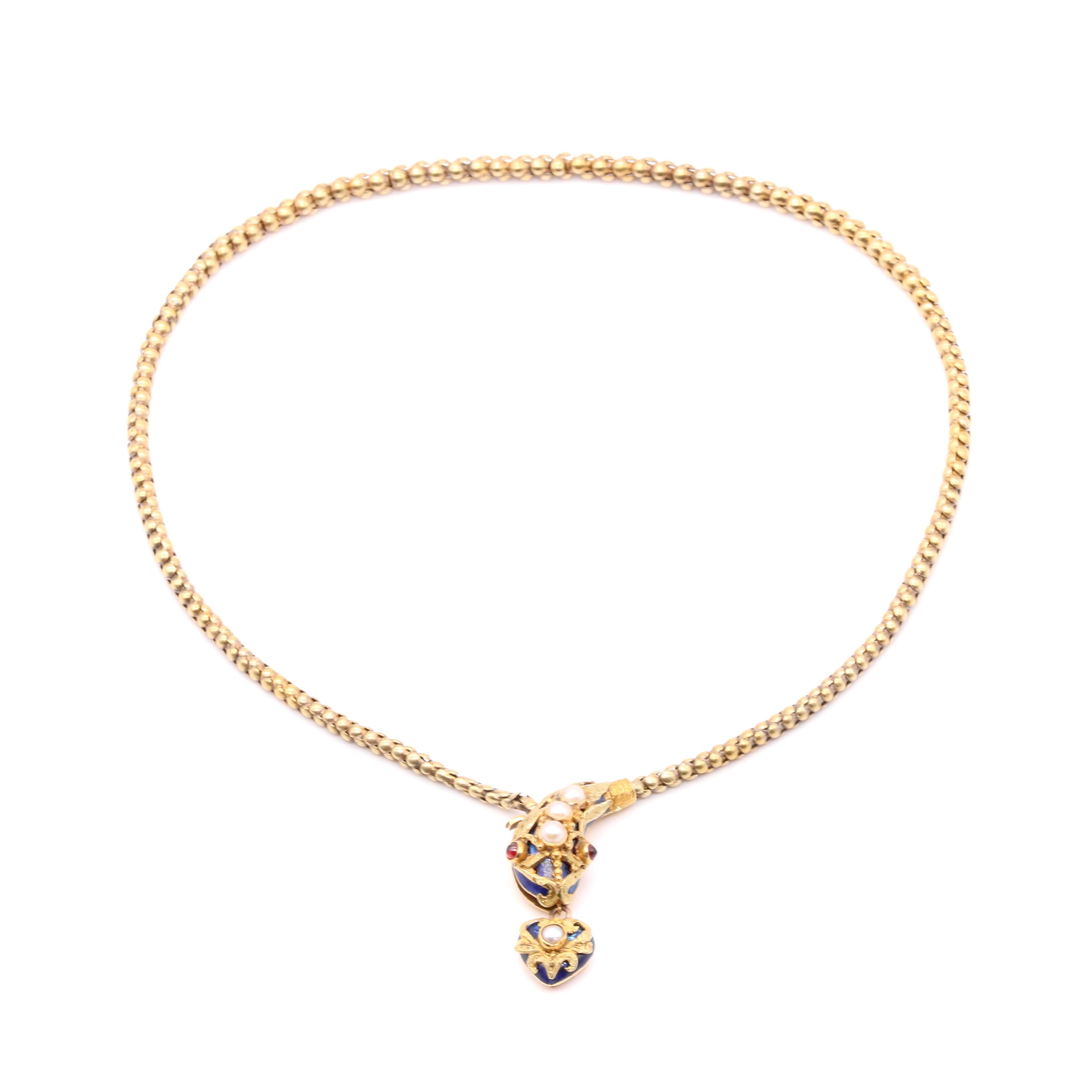 Antique Victorian 1850s 18K Gold Blue Enamel Pearl & Garnet Snake Necklace For Sale 3
