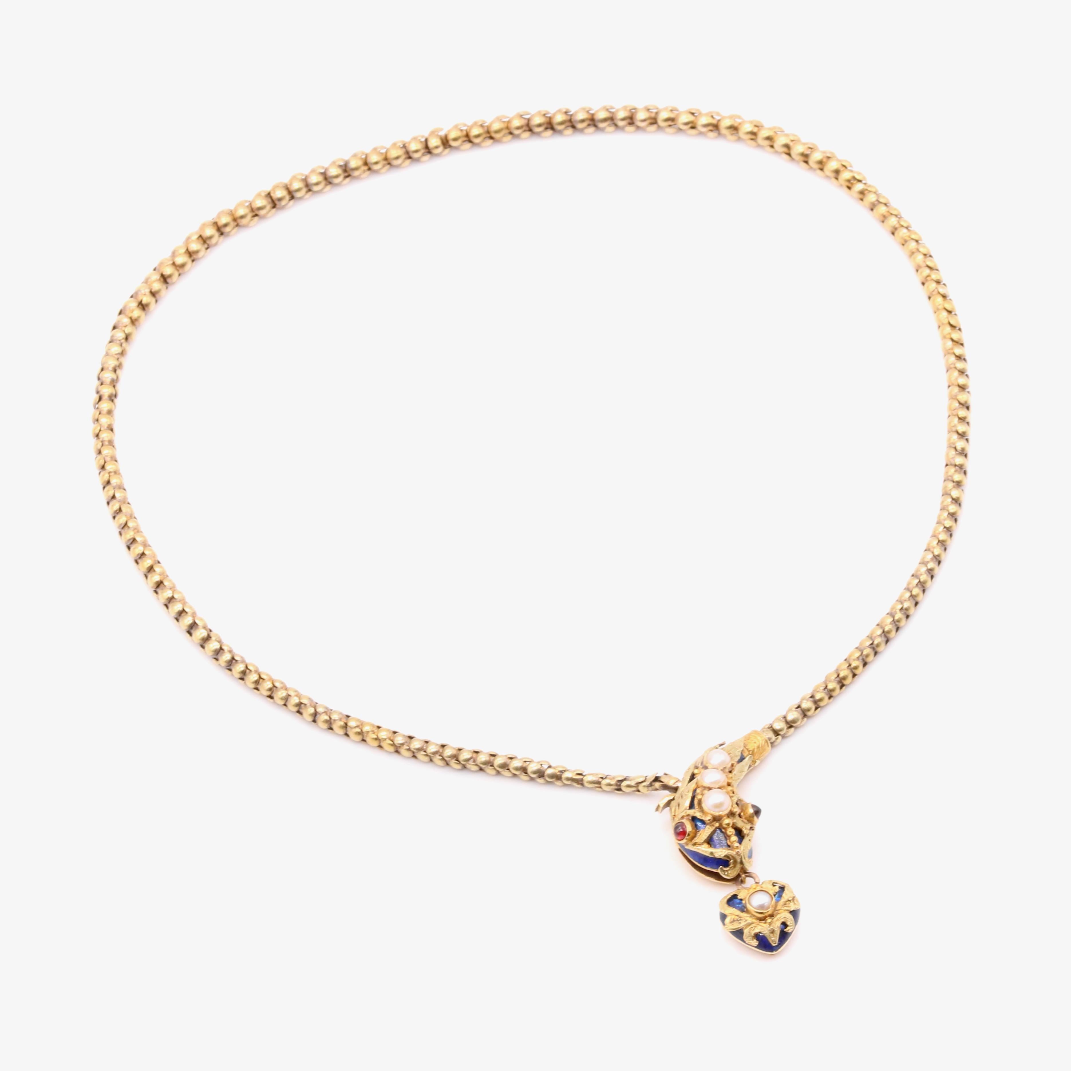 Antique Victorian 1850s 18K Gold Blue Enamel Pearl & Garnet Snake Necklace For Sale 4