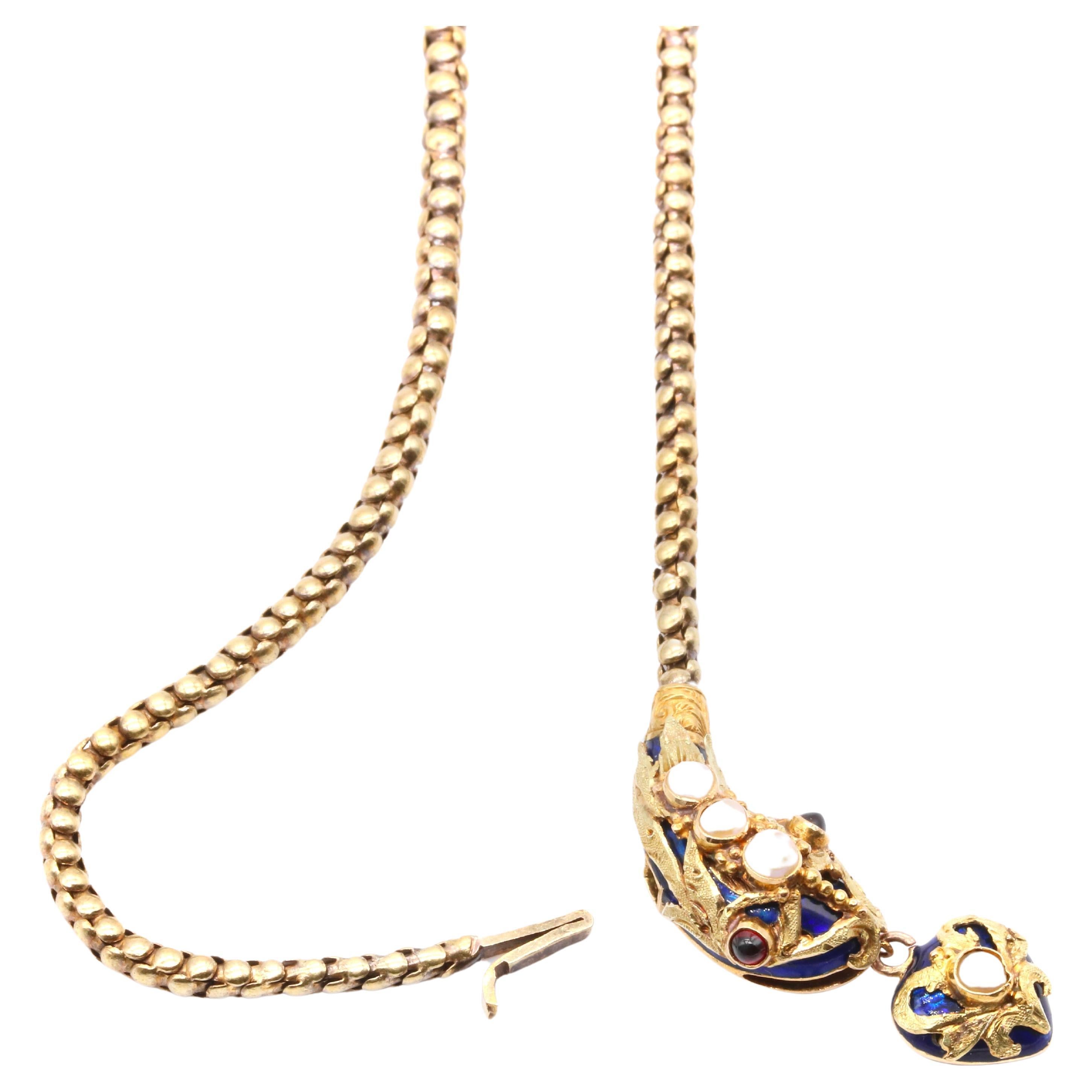 Antique Victorian 1850s 18K Gold Blue Enamel Pearl & Garnet Snake Necklace For Sale