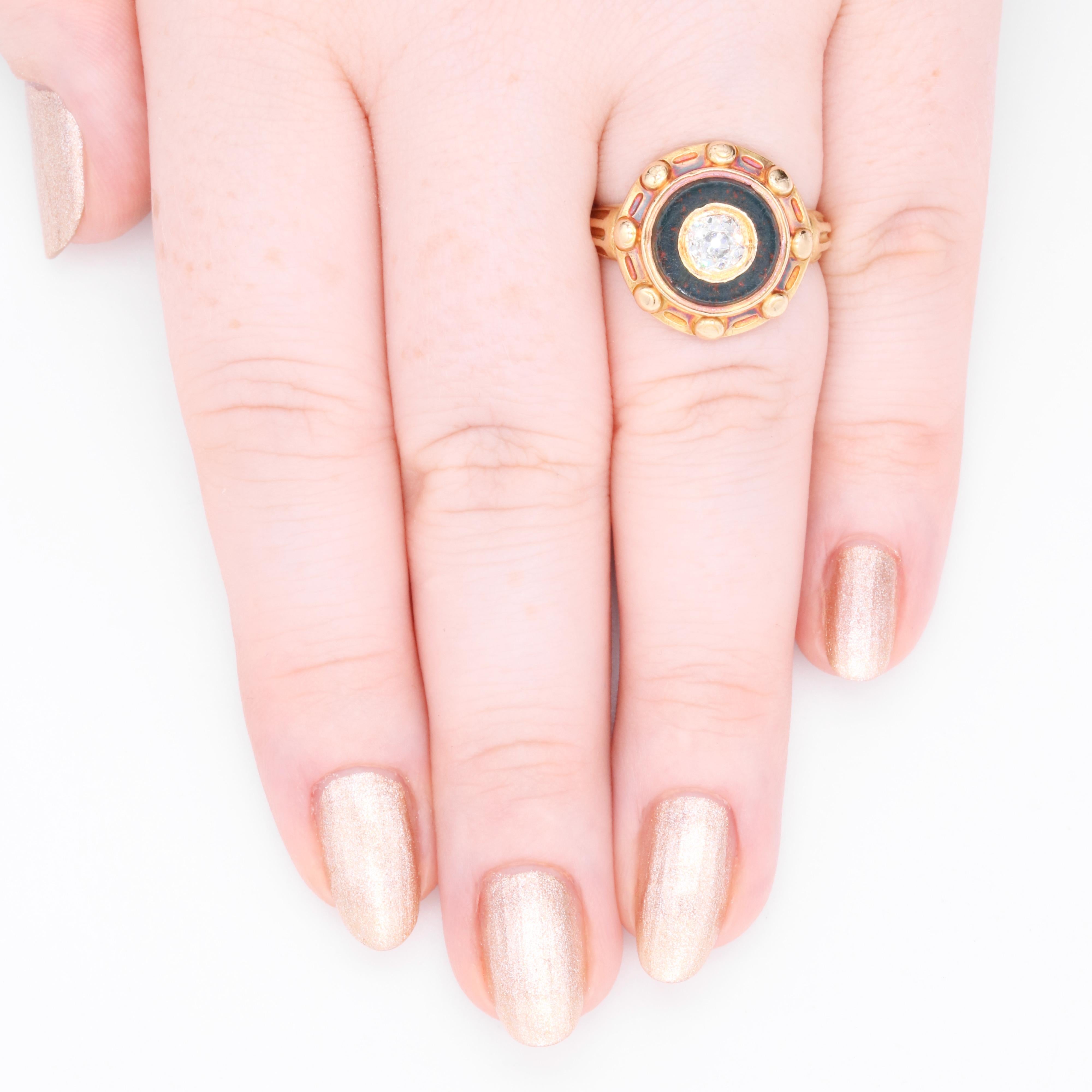 Antique Victorian 1850s 18K Yellow Gold 0.53ct Diamond & Bloodstone Target Ring 5