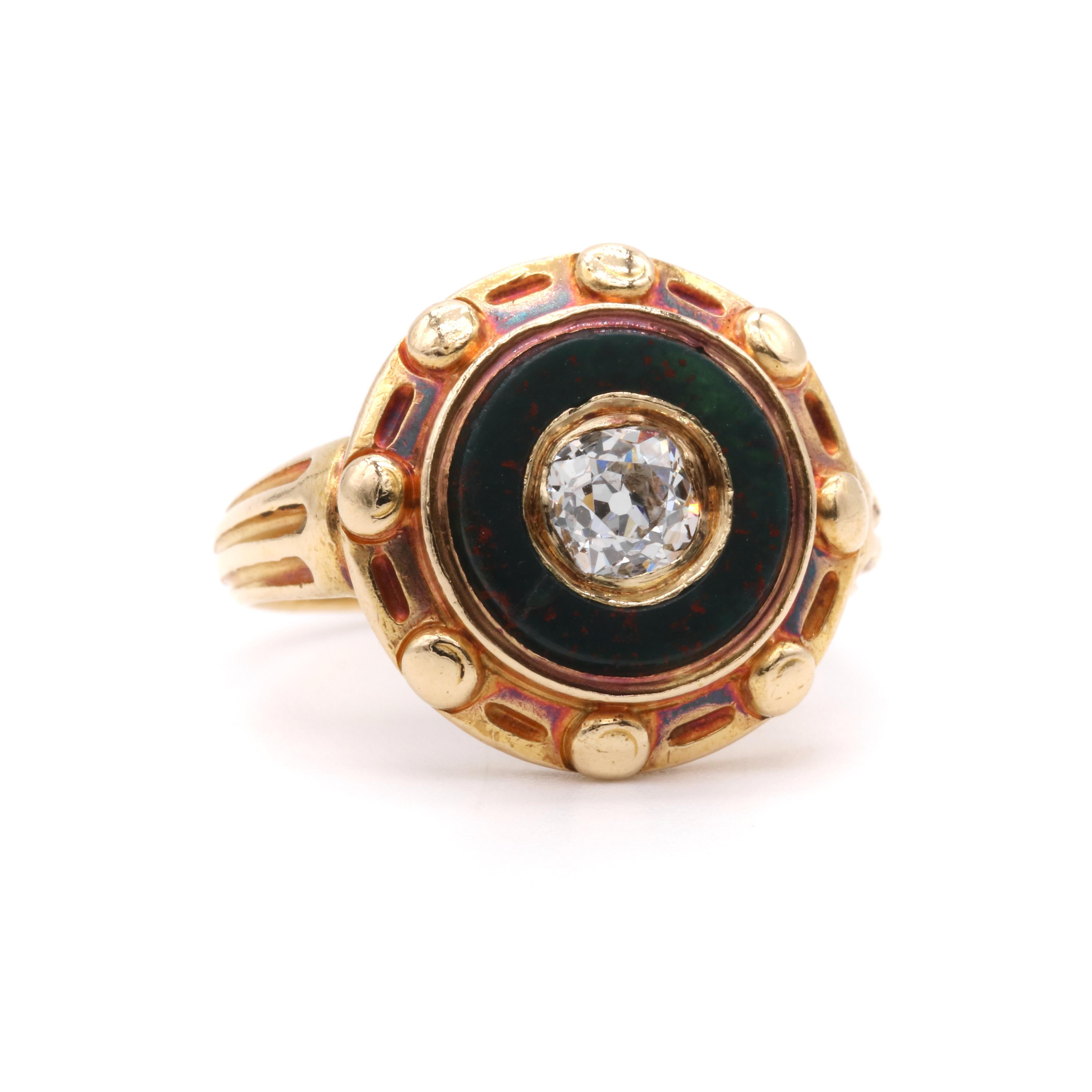 Antique Victorian 1850s 18K Yellow Gold 0.53ct Diamond & Bloodstone Target Ring In Fair Condition For Sale In Staines-Upon-Thames, GB