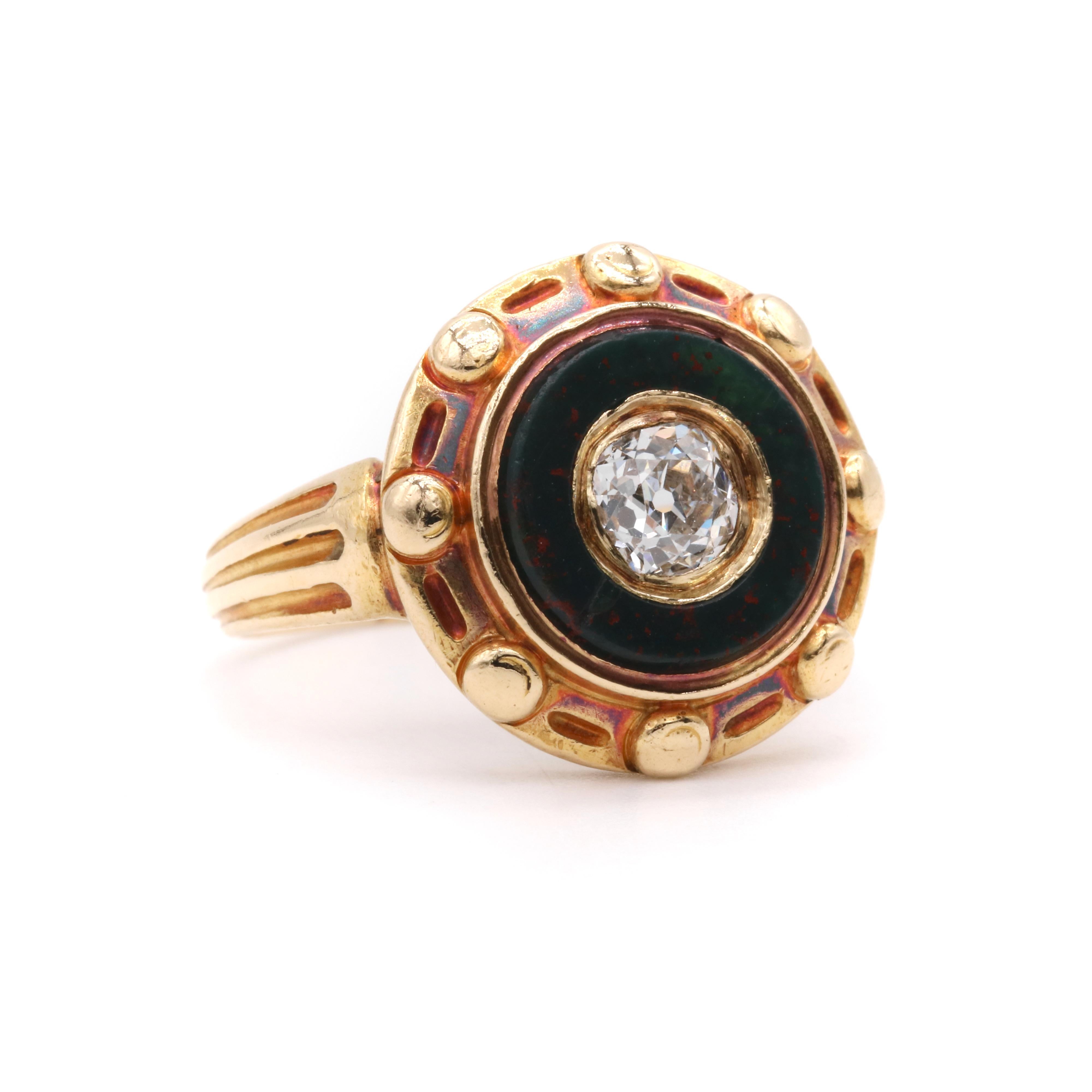 Women's or Men's Antique Victorian 1850s 18K Yellow Gold 0.53ct Diamond & Bloodstone Target Ring For Sale