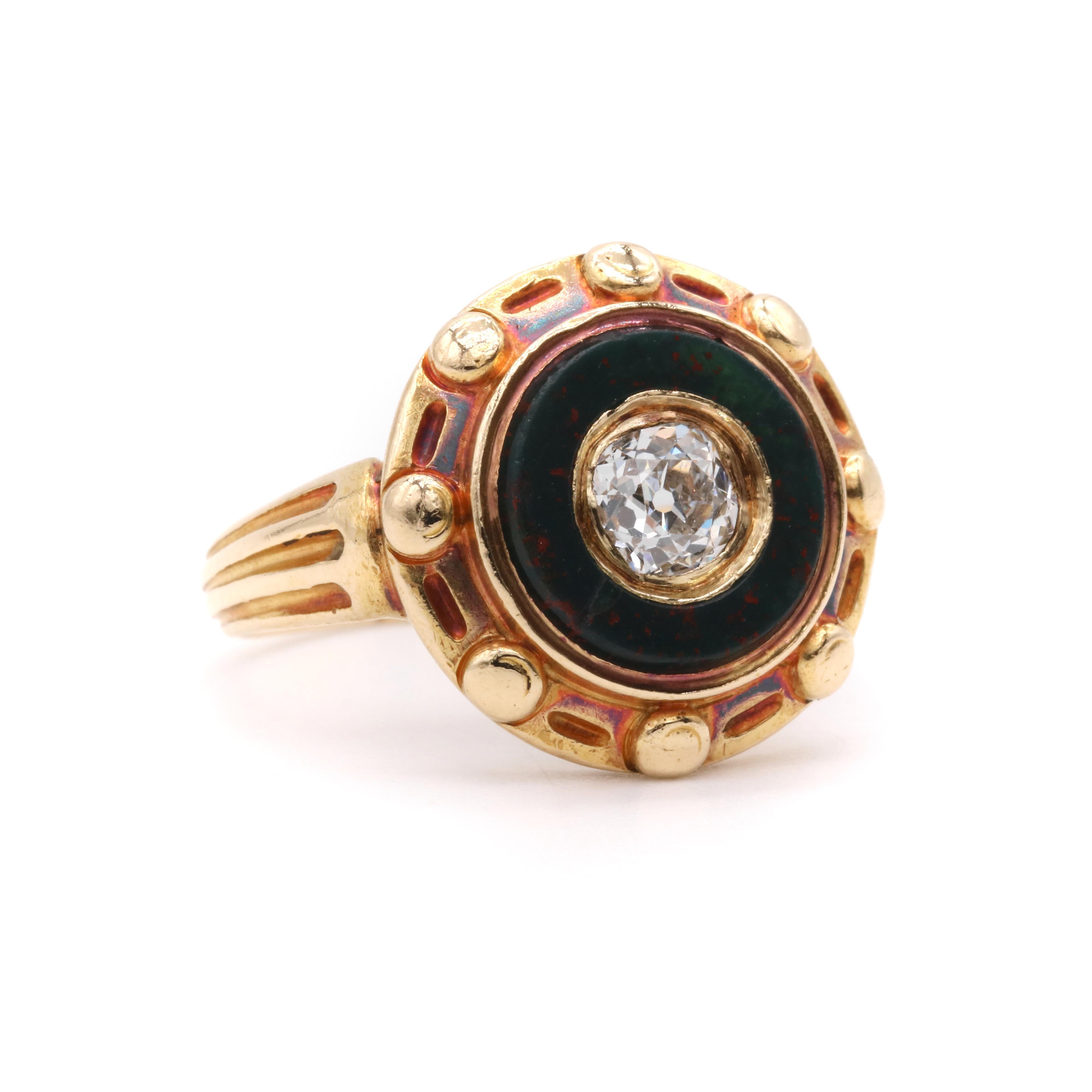 Women's or Men's Antique Victorian 1850s 18K Yellow Gold 0.53ct Diamond & Bloodstone Target Ring