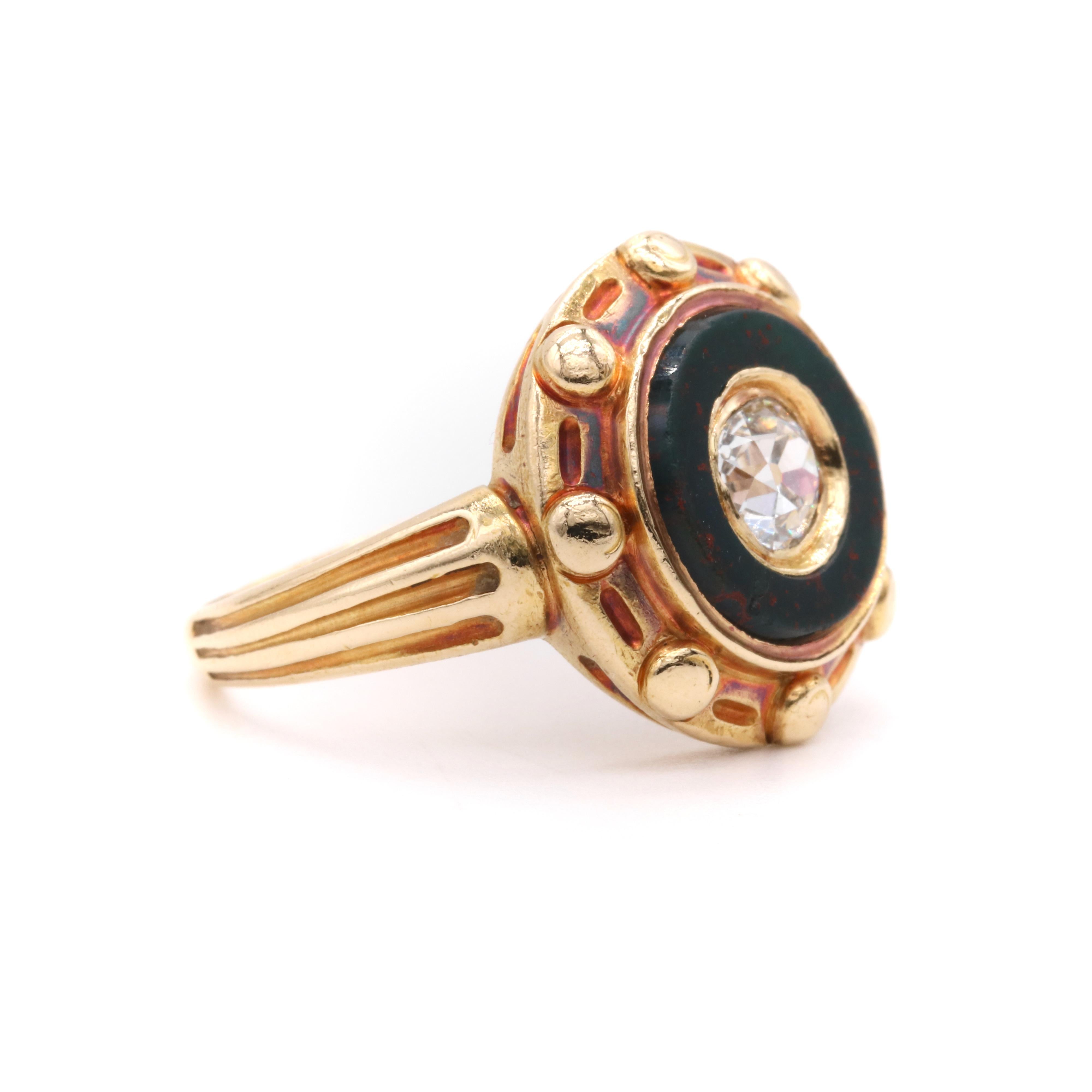Antique Victorian 1850s 18K Yellow Gold 0.53ct Diamond & Bloodstone Target Ring For Sale 1