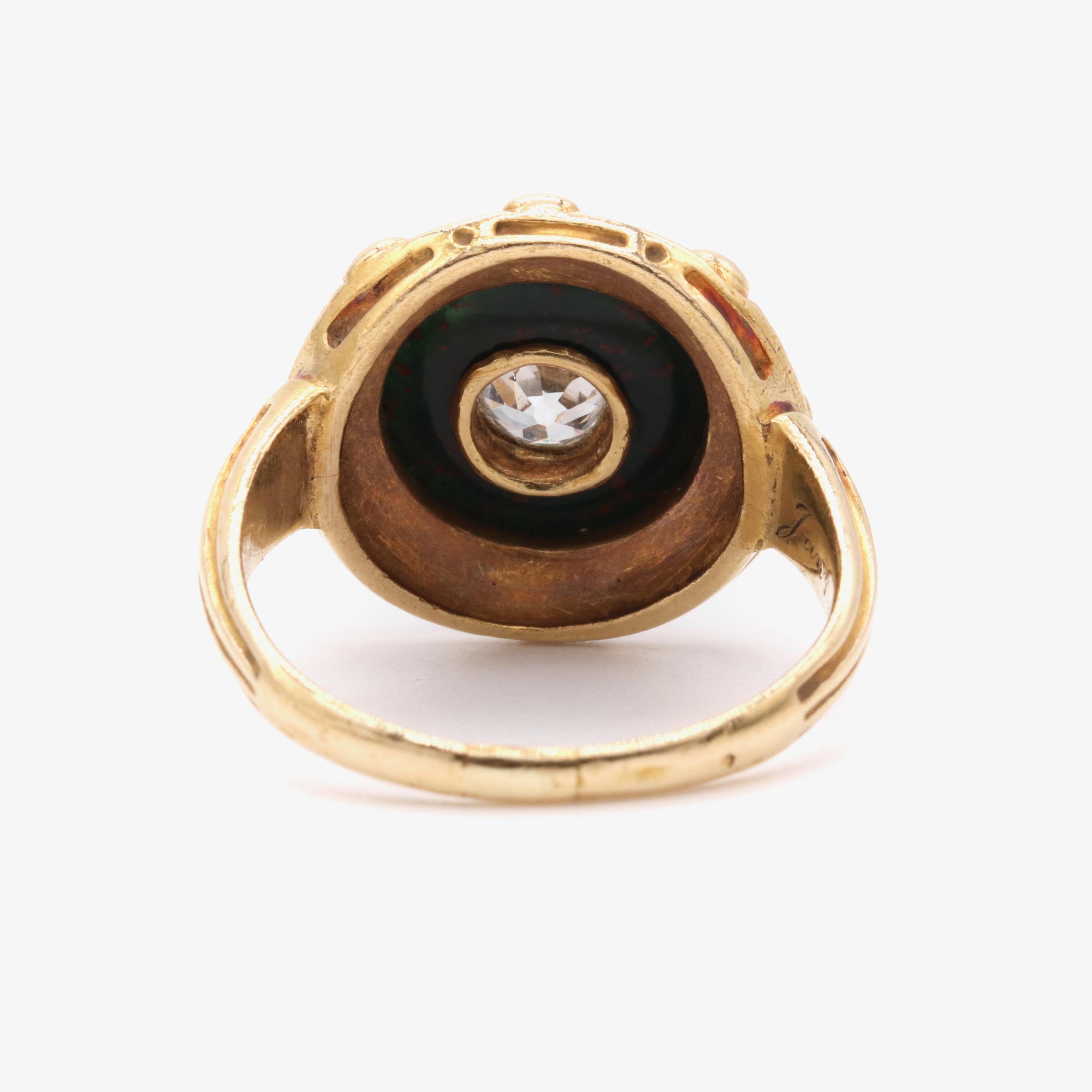 Antique Victorian 1850s 18K Yellow Gold 0.53ct Diamond & Bloodstone Target Ring For Sale 2