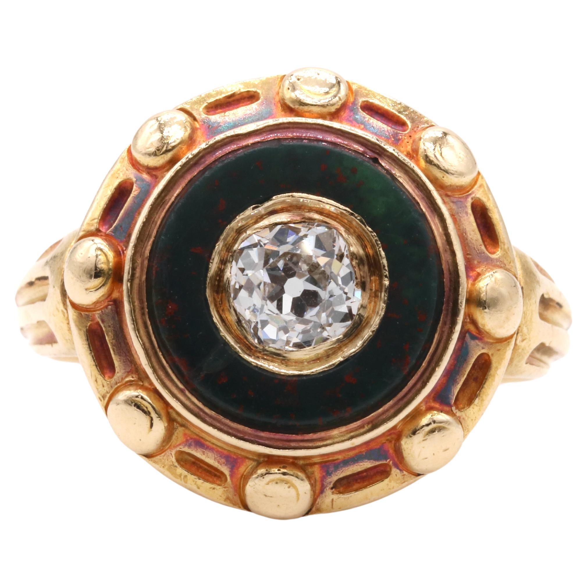 Antique Victorian 1850s 18K Yellow Gold 0.53ct Diamond & Bloodstone Target Ring For Sale