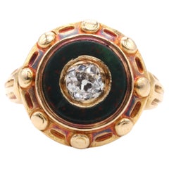 Antique Victorian 1850s 18K Yellow Gold 0.53ct Diamond & Bloodstone Target Ring
