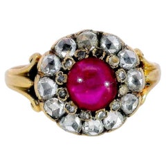 Antique Victorian 1850s Natural Ruby and Rose Cut Diamond Ring 14 Karat Gold
