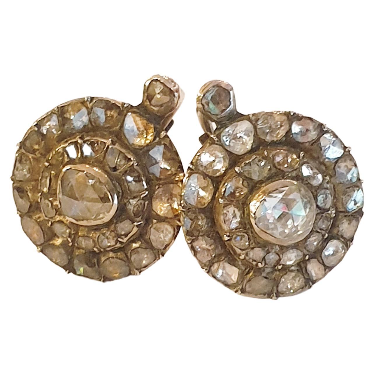Antique victorian era 1850s earrings in 10k gold with rose cut diamonds estimate weight 1.5 carats back foiled old workmanship 