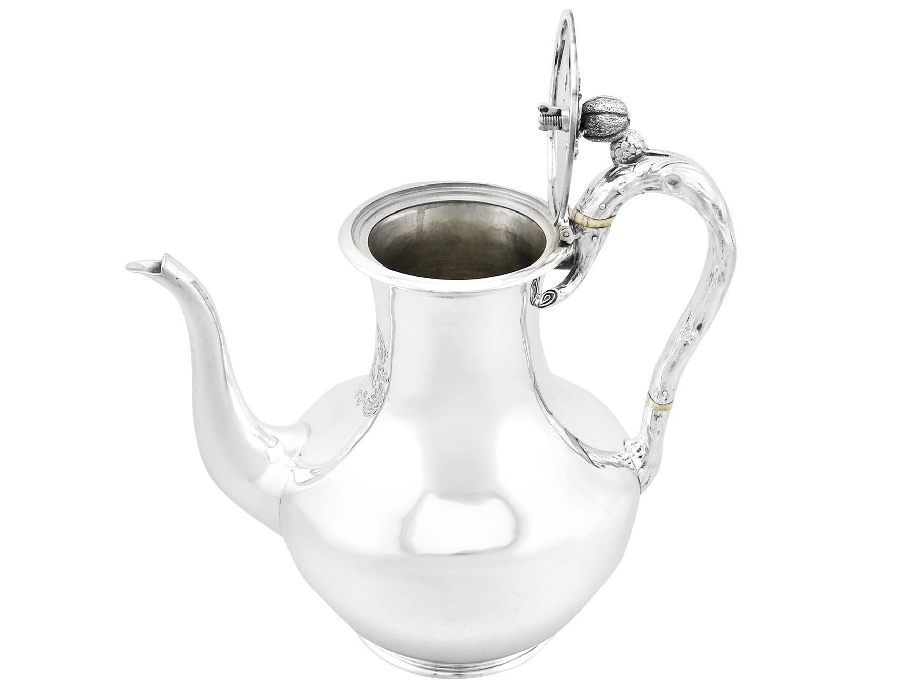 Engraved 1850s Victorian Sterling Silver Coffee Pot For Sale