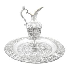 Antique Victorian 1851 Sterling Silver Wine Jug and Charger Plate Set