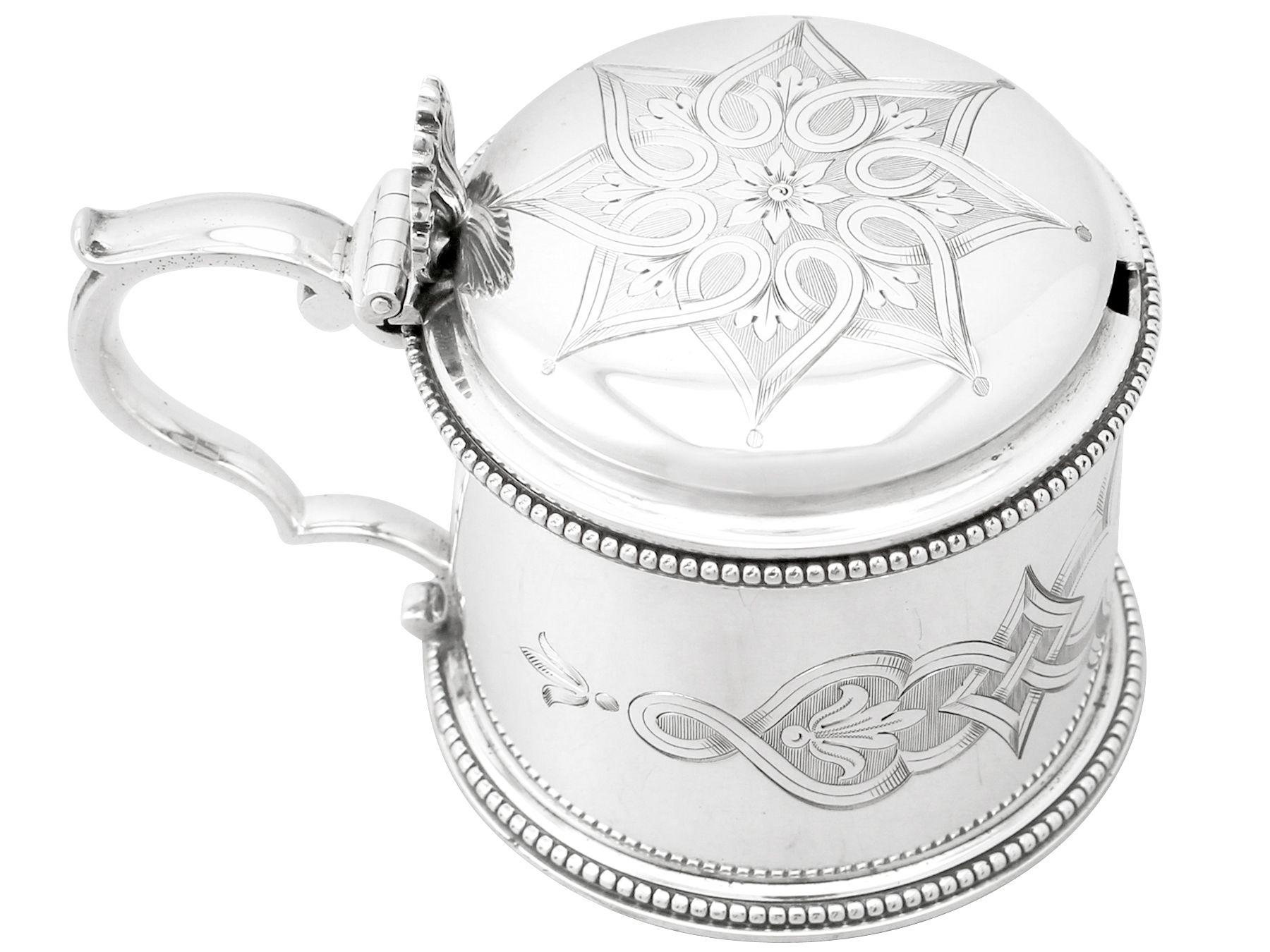 An exceptional, fine and impressive antique Victorian English sterling silver mustard pot made by Edward & John Barnard; an addition to our Victorian silver condiments collection.

This exceptional antique Victorian sterling silver mustard pot has