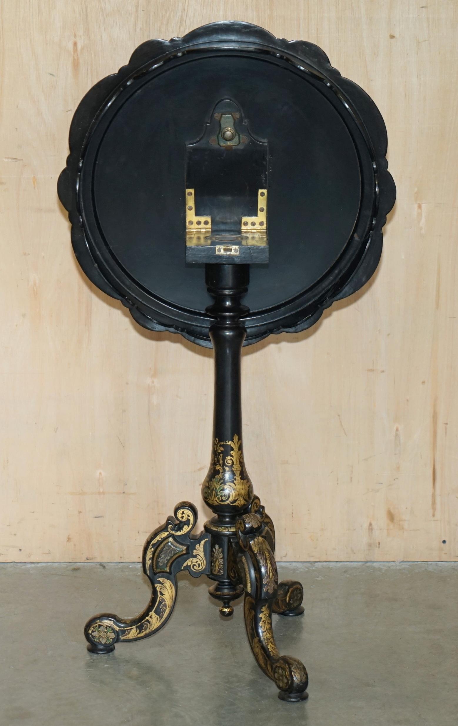 ANTICO VITTORIANO 1860 LACCA NERA MADRE DI PERLA CHESSA TILT TOP TAVOLO DA GIOCO in vendita 9