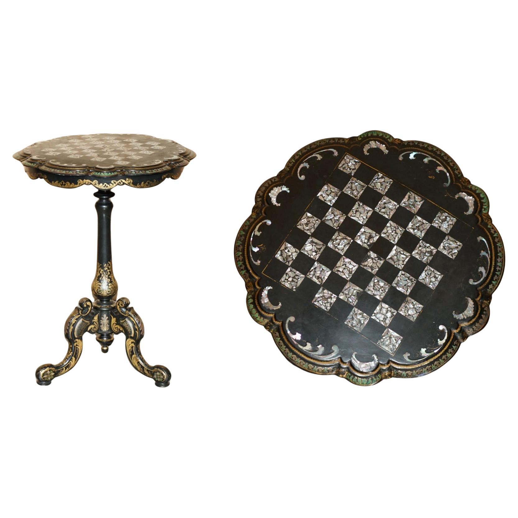 ANTICO VITTORIANO 1860 LACCA NERA MADRE DI PERLA CHESSA TILT TOP TAVOLO DA GIOCO in vendita