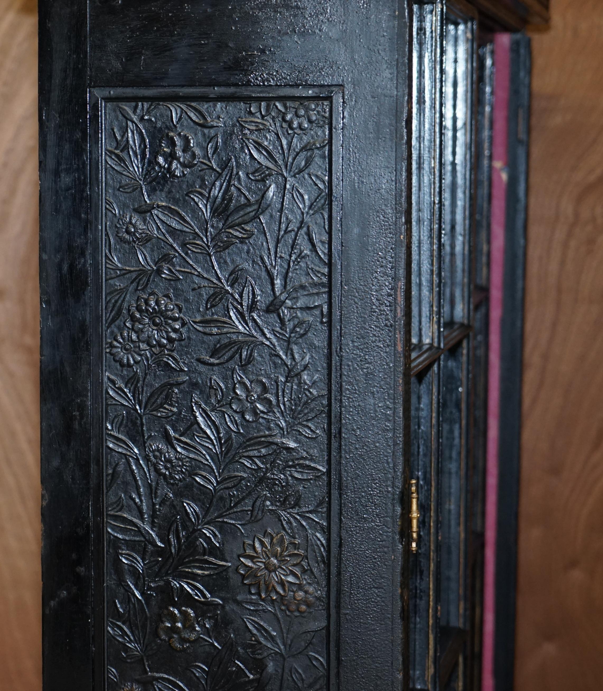 Antique Victorian 1860 Ebonised Library Bookcase Sliding Glazed Doors Carved Oak For Sale 9