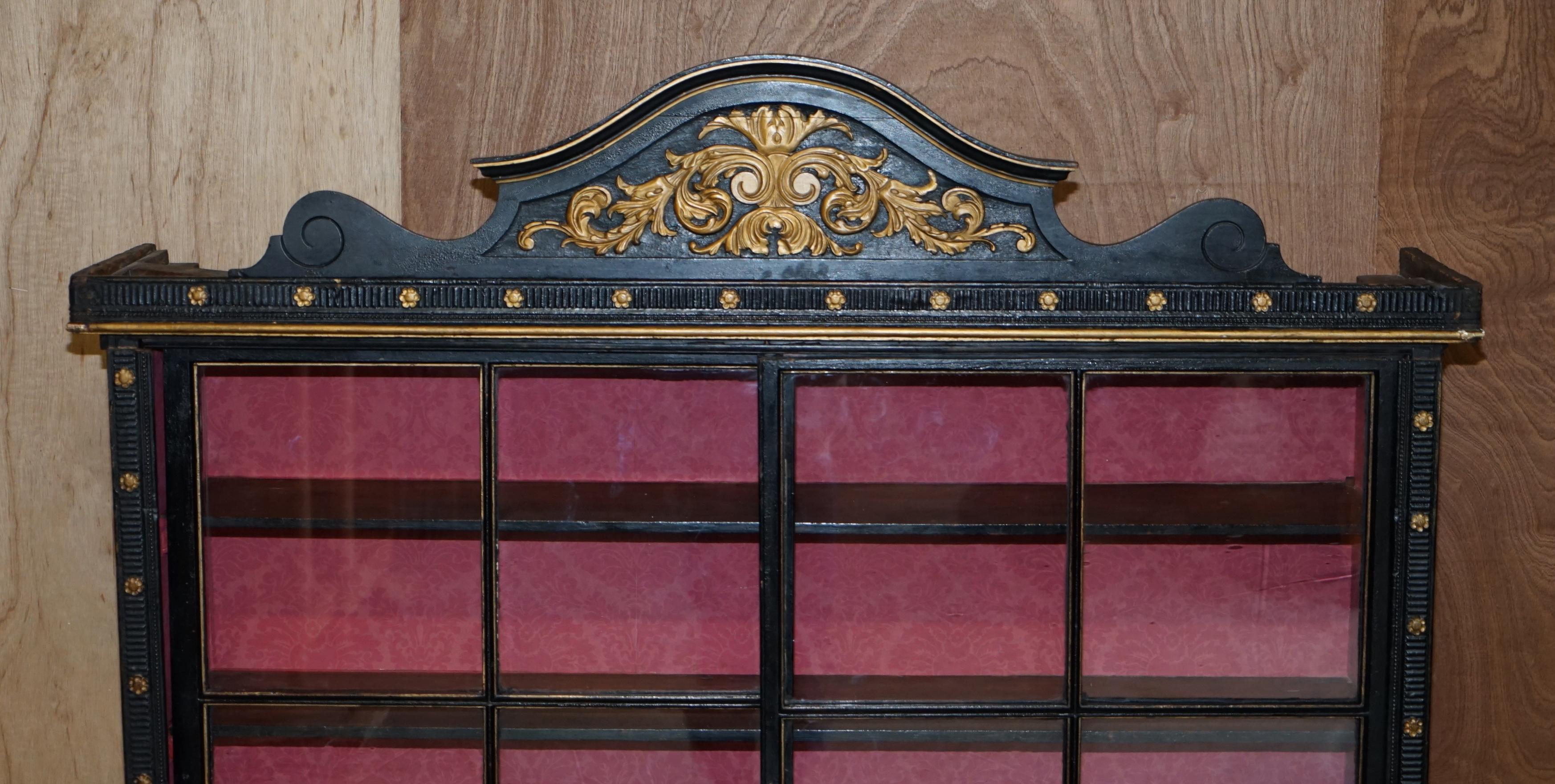 High Victorian Antique Victorian 1860 Ebonised Library Bookcase Sliding Glazed Doors Carved Oak For Sale