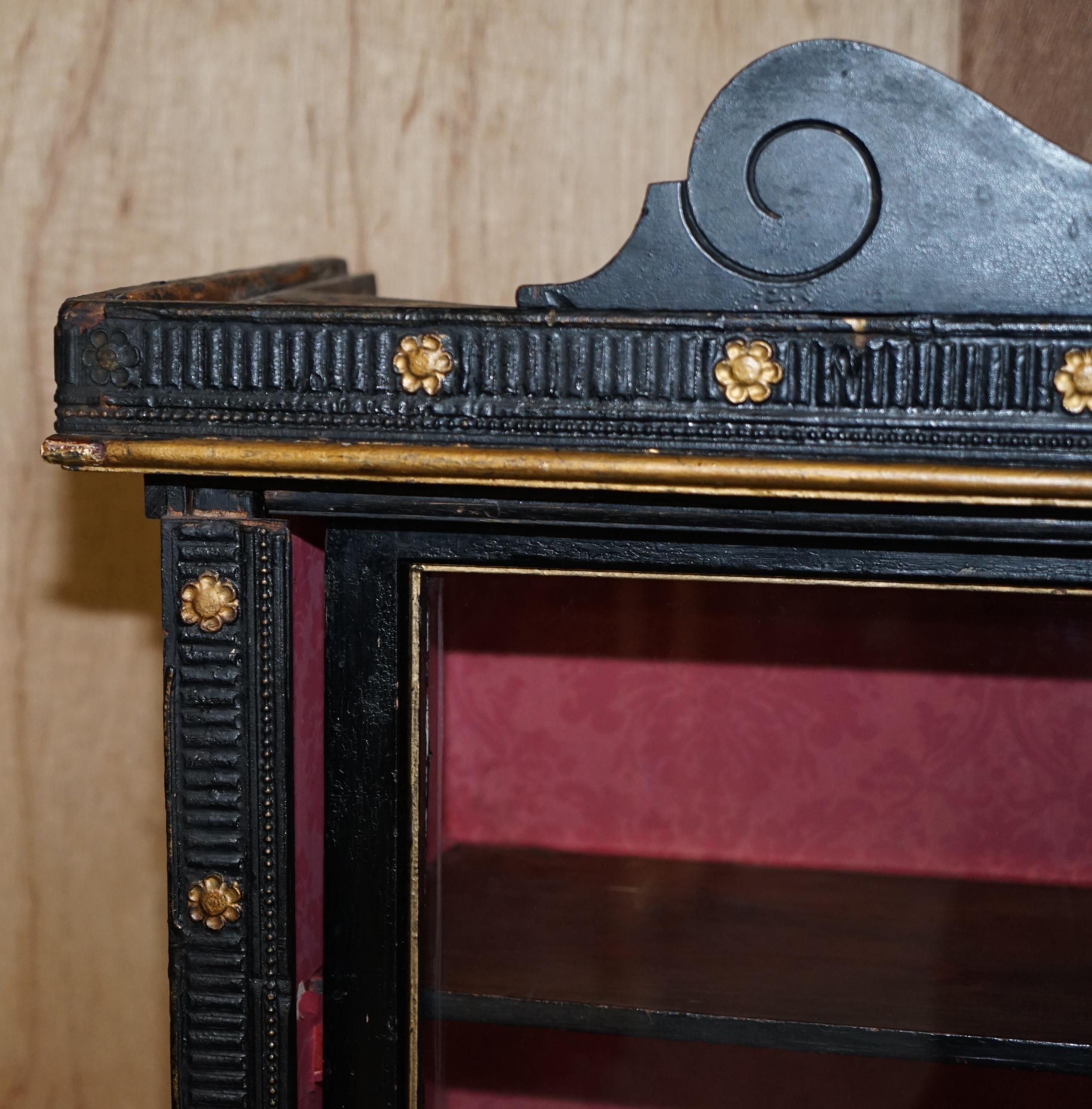 Ebonized Antique Victorian 1860 Ebonised Library Bookcase Sliding Glazed Doors Carved Oak For Sale
