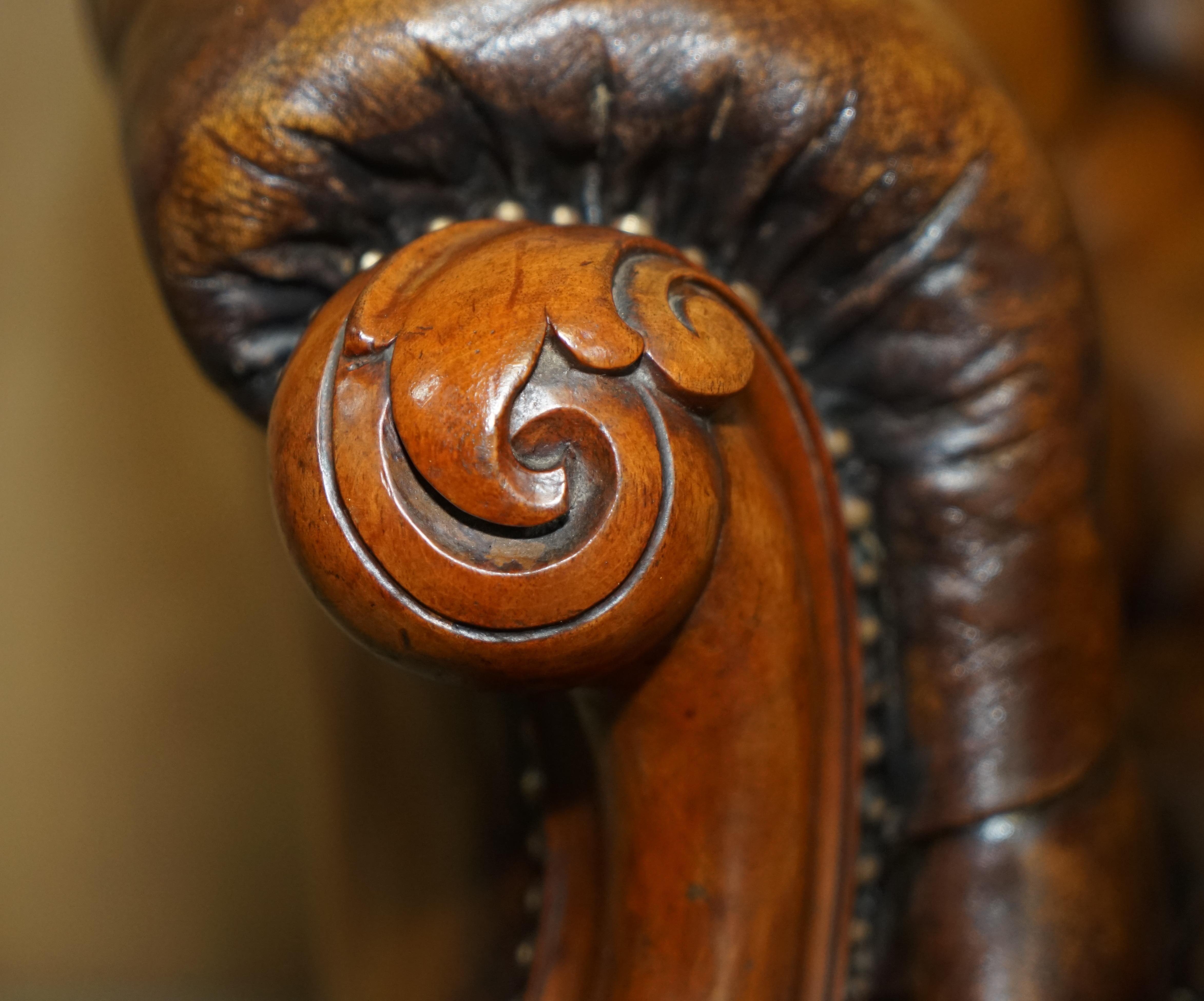 Antique Victorian 1860 Show Frame Carved Walnut Chesterfield Brown Leather Sofa 3