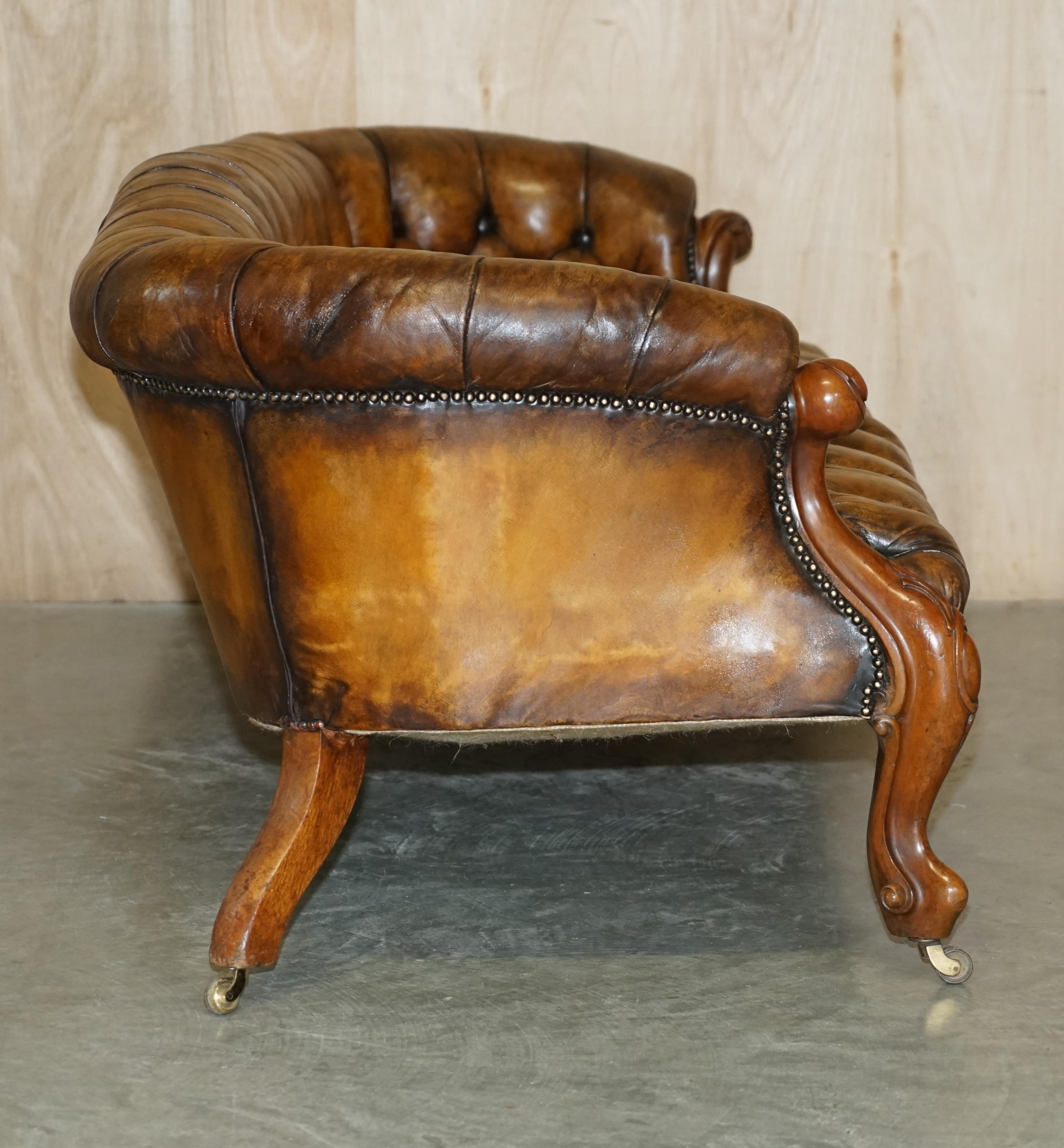Antique Victorian 1860 Show Frame Carved Walnut Chesterfield Brown Leather Sofa For Sale 11