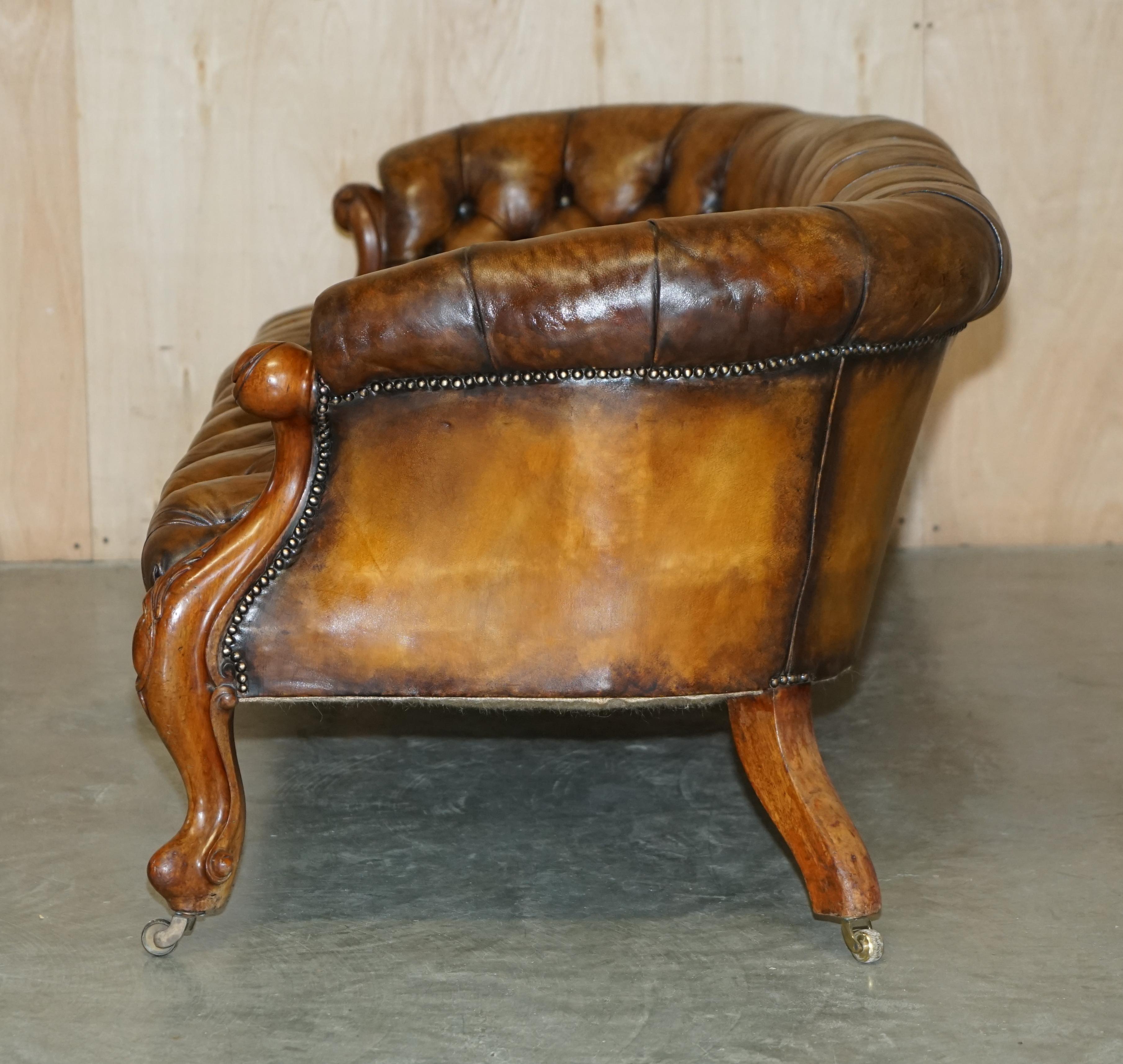 Antique Victorian 1860 Show Frame Carved Walnut Chesterfield Brown Leather Sofa 12