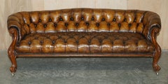 Antique Victorian 1860 Show Frame Carved Walnut Chesterfield Brown Leather Sofa