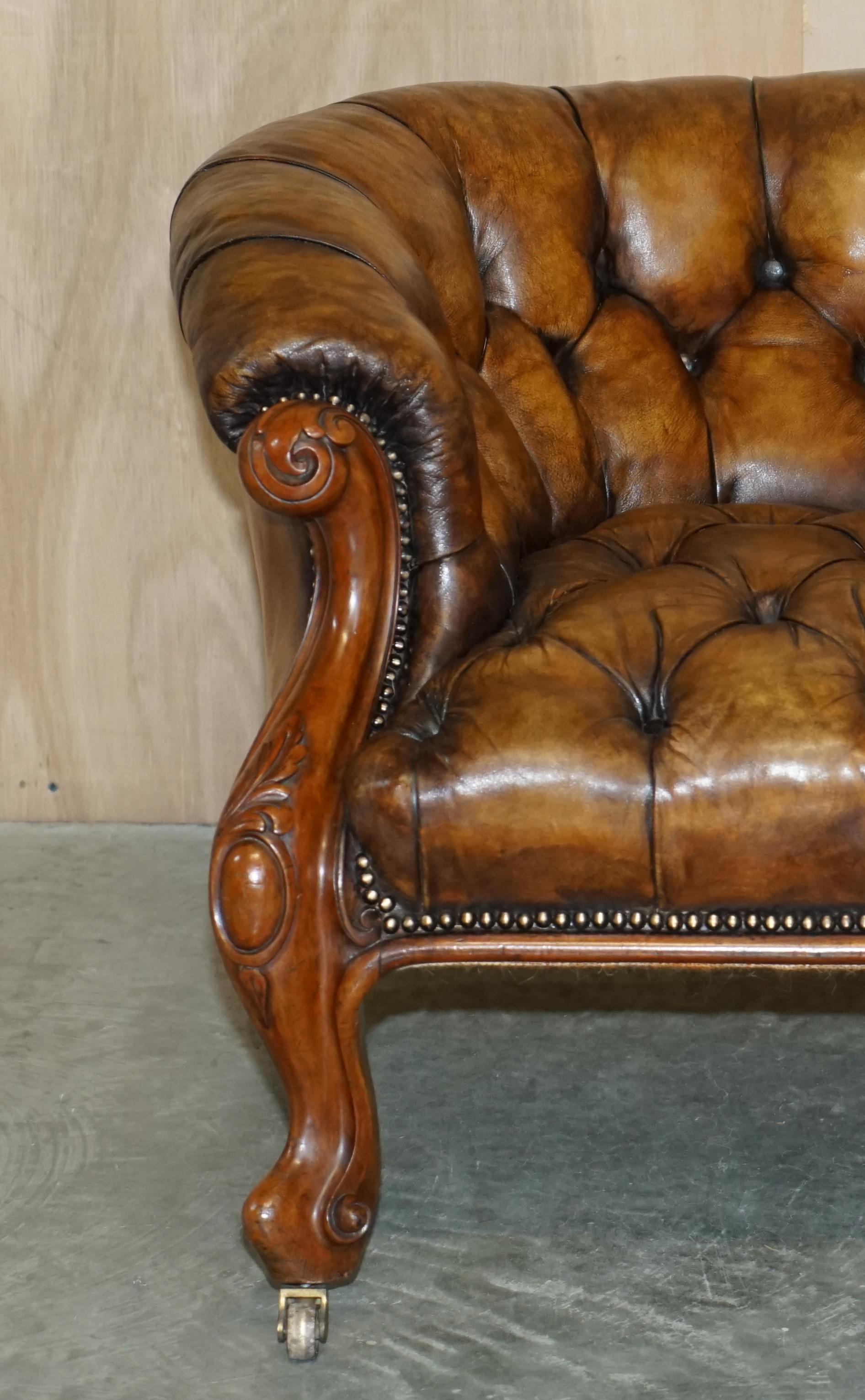 High Victorian Antique Victorian 1860 Show Frame Carved Walnut Chesterfield Brown Leather Sofa For Sale