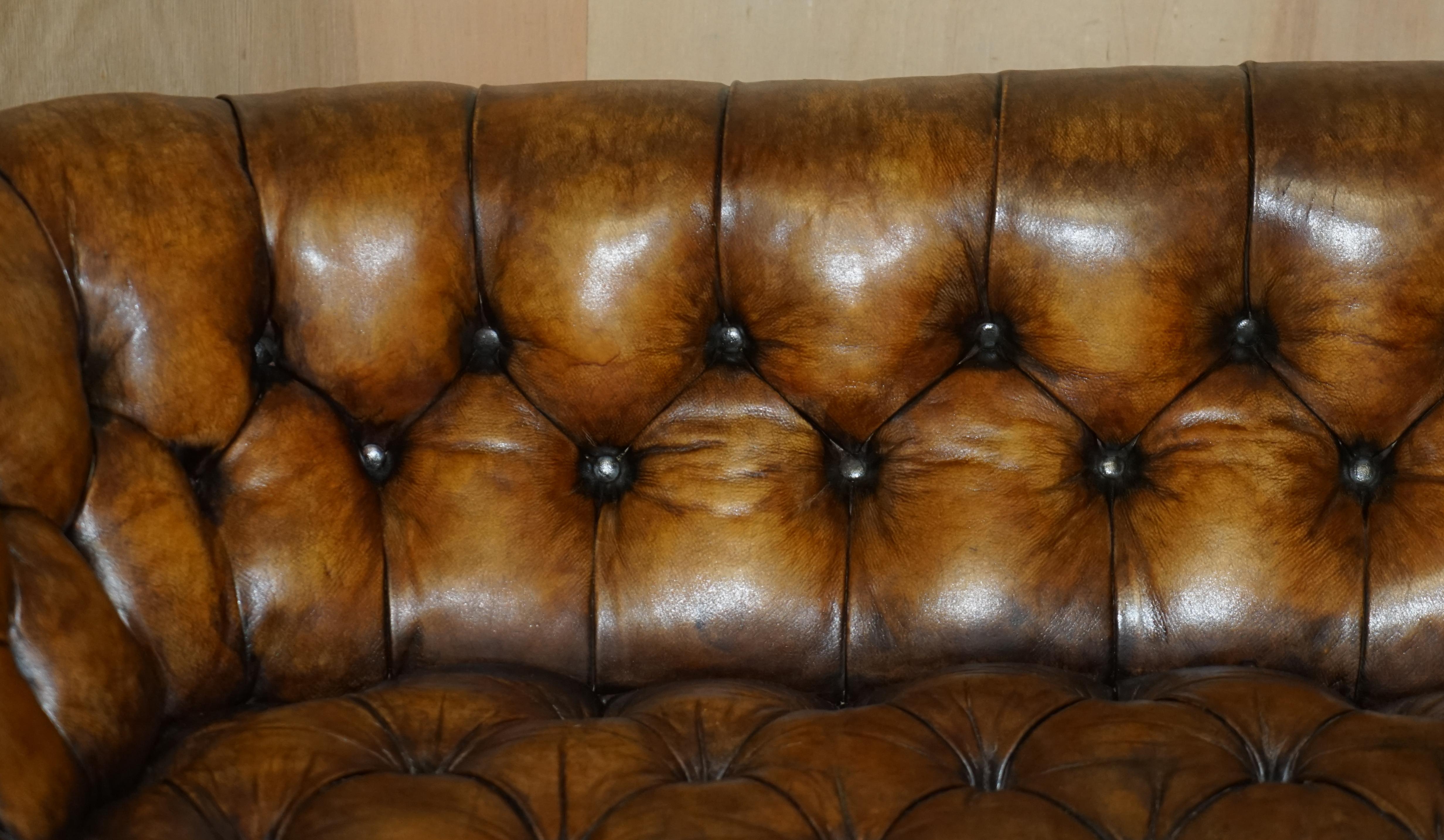 Hand-Crafted Antique Victorian 1860 Show Frame Carved Walnut Chesterfield Brown Leather Sofa For Sale