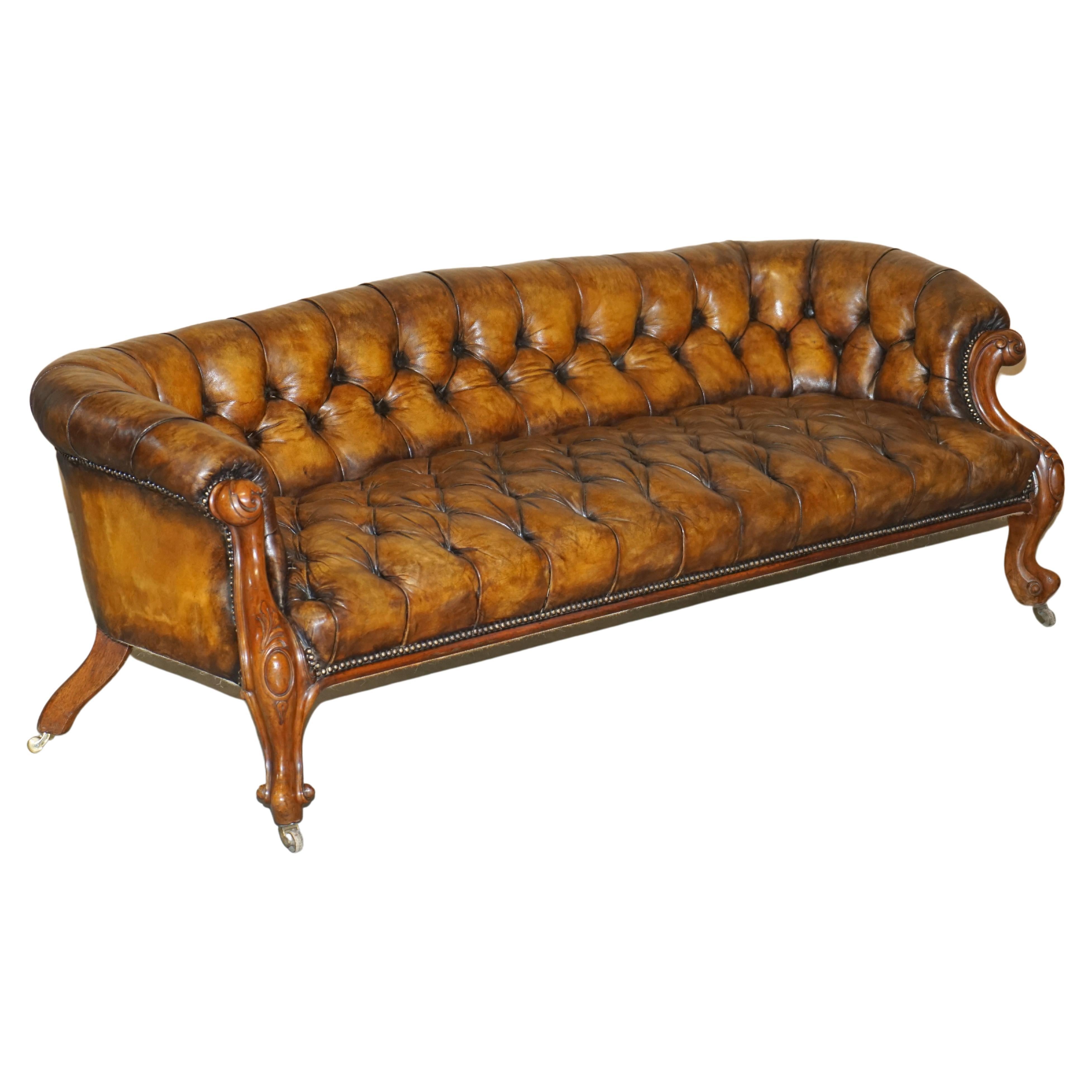 Antique Victorian 1860 Show Frame Carved Walnut Chesterfield Brown Leather Sofa For Sale