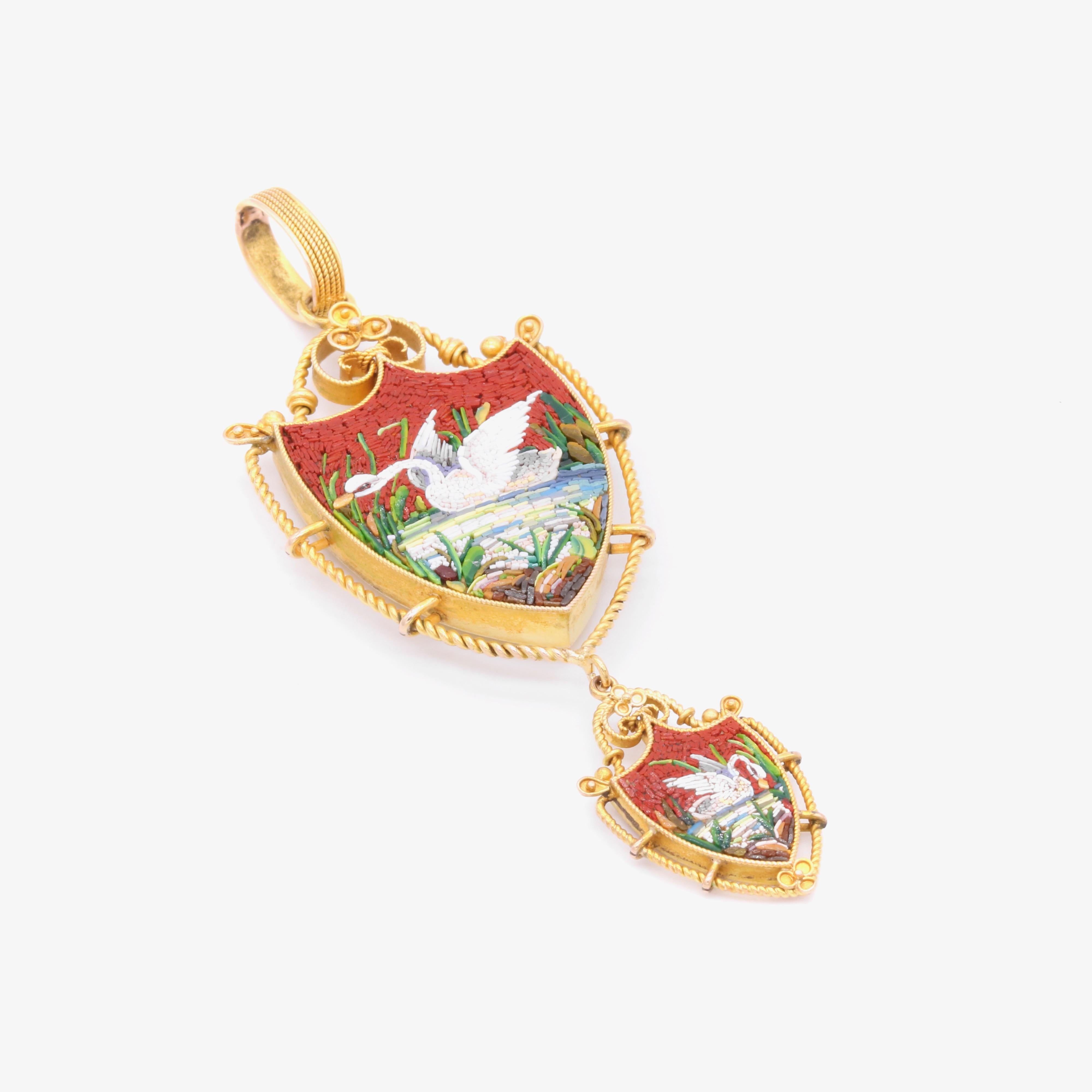 Antique Victorian 1860s 18K Yellow Gold Swan Micro Mosaic Pendant For Sale 2