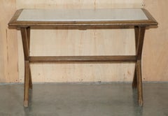 ANTIQUE ViCTORIAN 1870 MARBLE TOPPED ENGLISH OAK X FRAMED 4 PERSON DINING TABLE