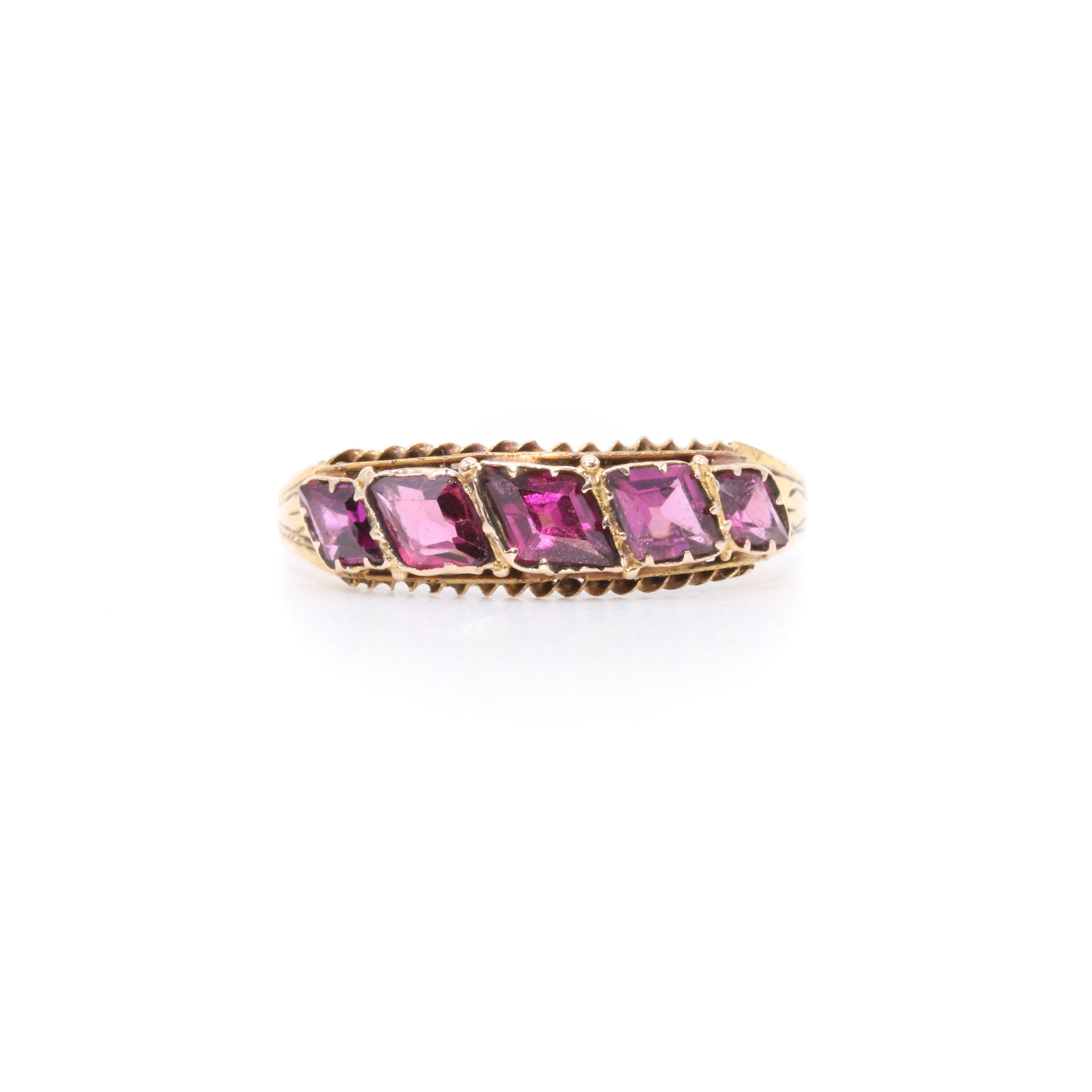 Antiker viktorianischer 1870er Jahre 15K Gold Rhodolith Granat 5 Stein Ring (Kiteschliff)