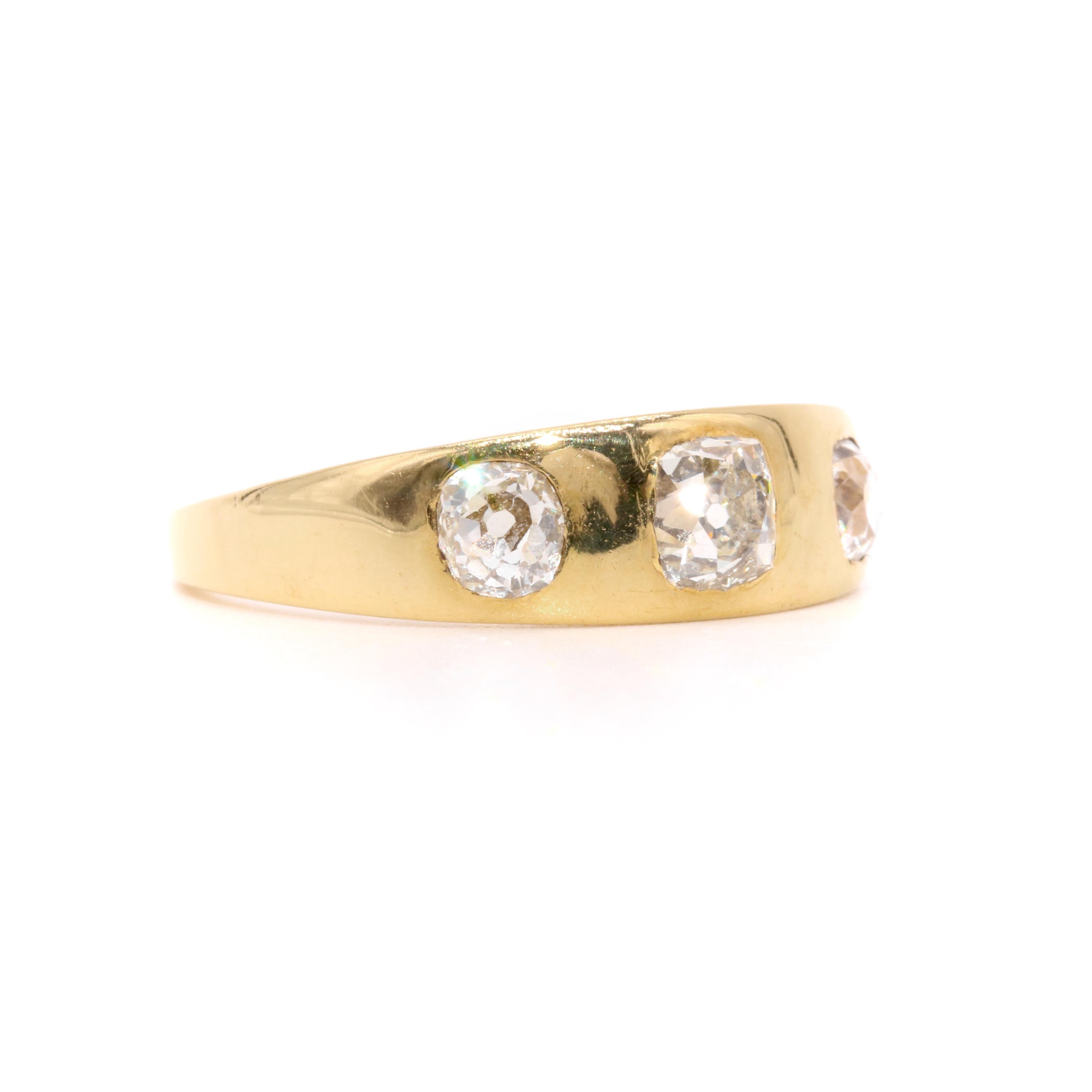 Women's or Men's Antique Victorian 1870s 18K Gold 1.35ctw Old Mine Cut Diamond Trilogy Ring