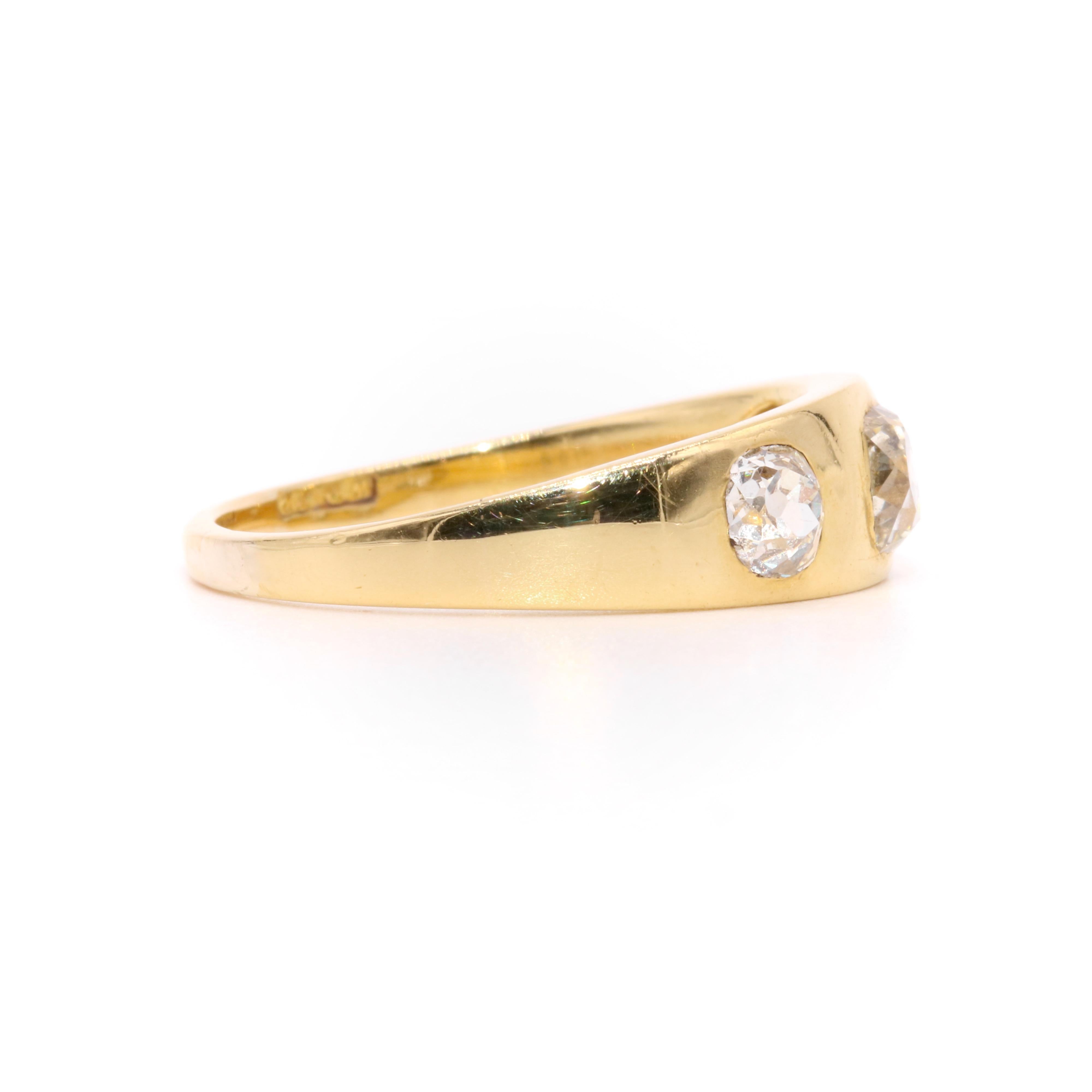 Antique Victorian 1870s 18K Gold 1.35ctw Old Mine Cut Diamond Trilogy Ring 1