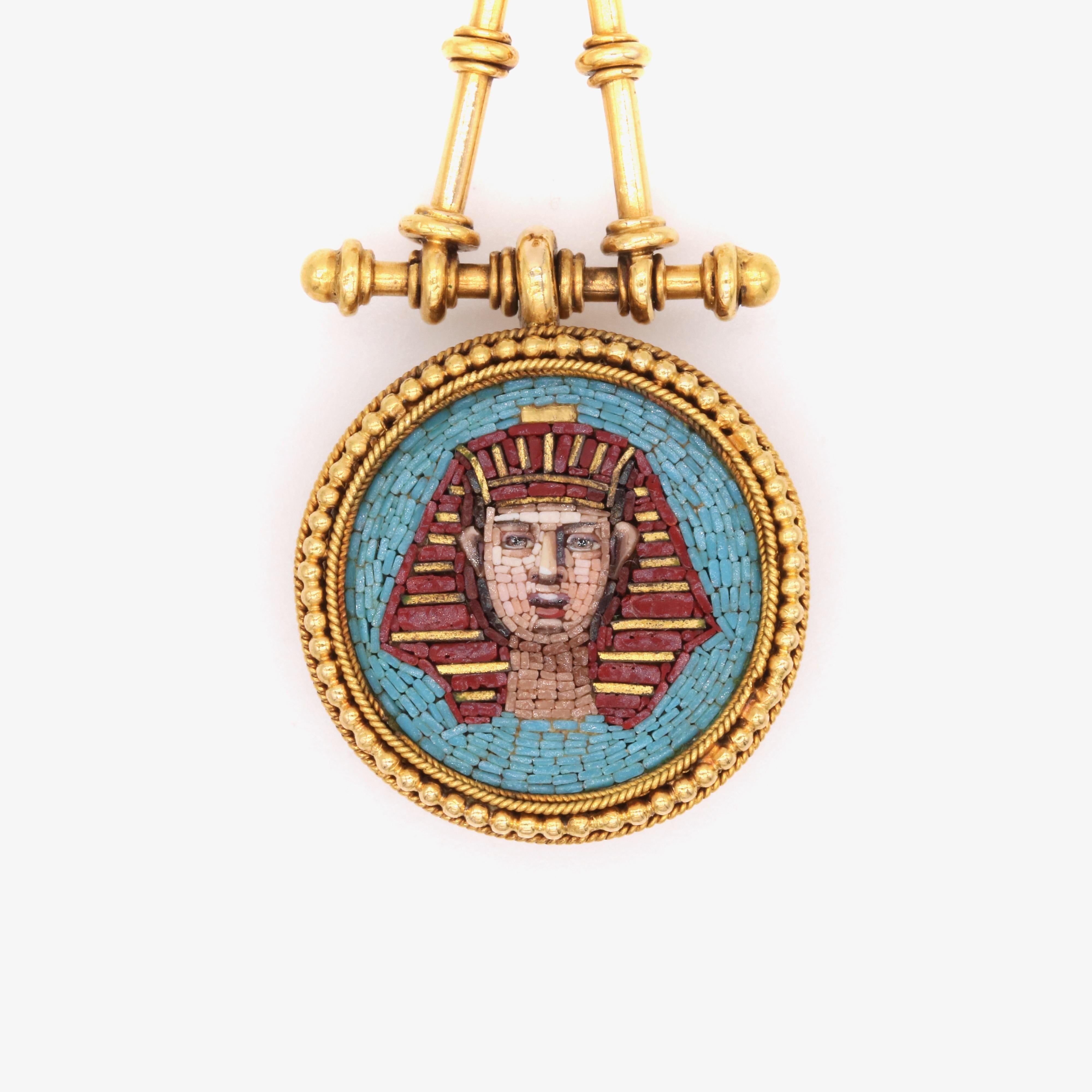 Antique Victorian 1870s 18K Gold Egyptian Revival Pharaoh Micro Mosaic Pendant For Sale 6