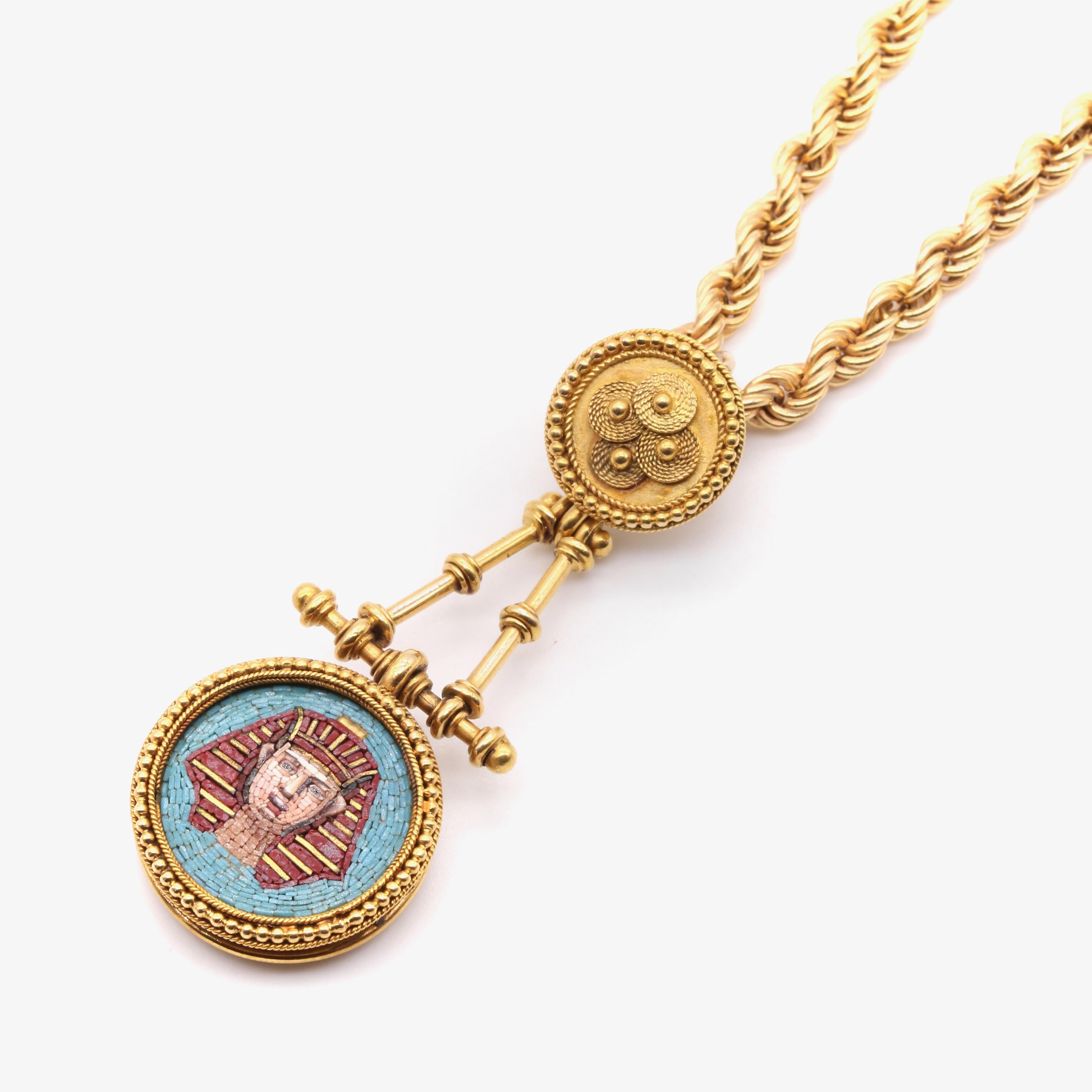 Antique Victorian 1870s 18K Gold Egyptian Revival Pharaoh Micro Mosaic Pendant For Sale 7