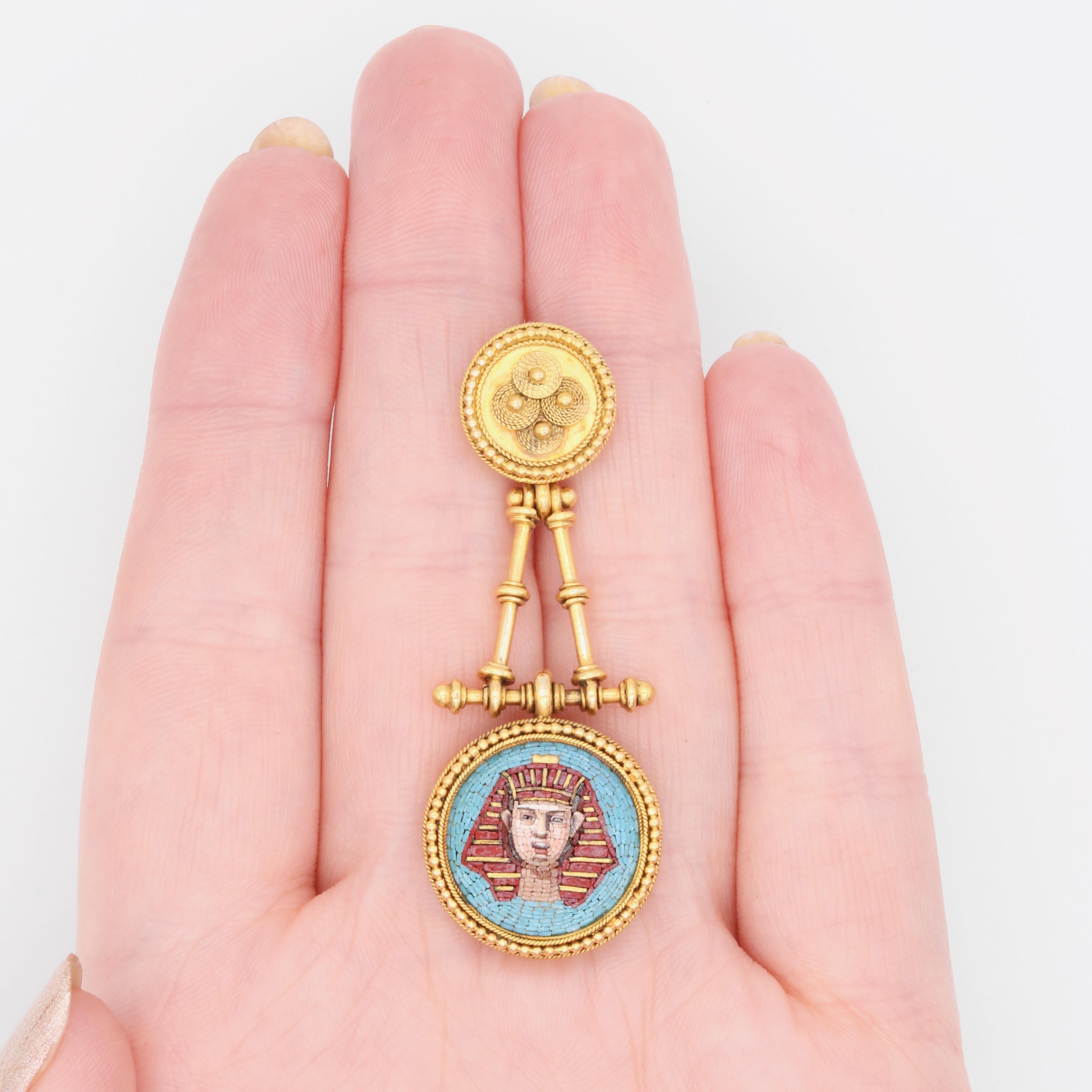 Antique Victorian 1870s 18K Gold Egyptian Revival Pharaoh Micro Mosaic Pendant For Sale 9
