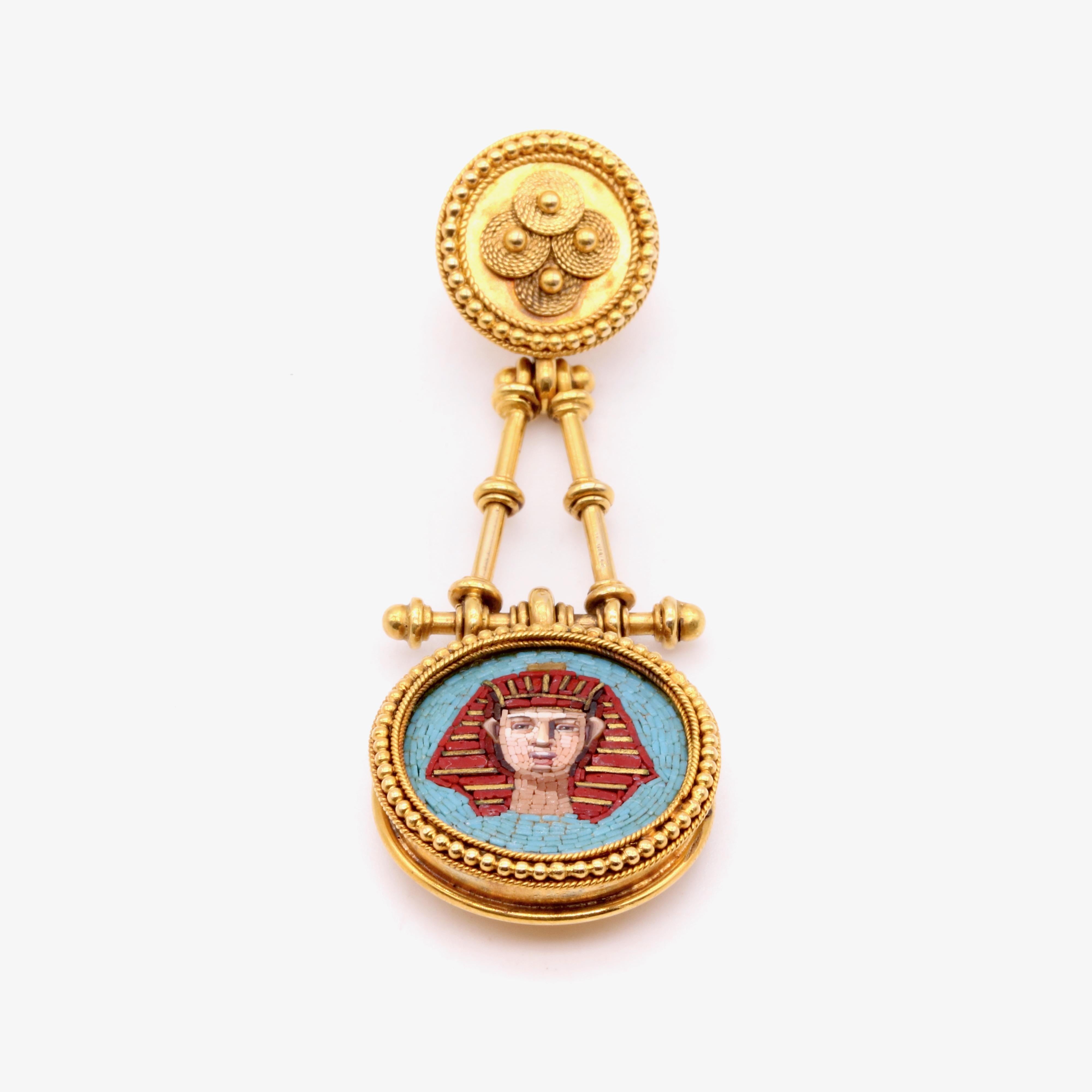 Women's or Men's Antique Victorian 1870s 18K Gold Egyptian Revival Pharaoh Micro Mosaic Pendant For Sale