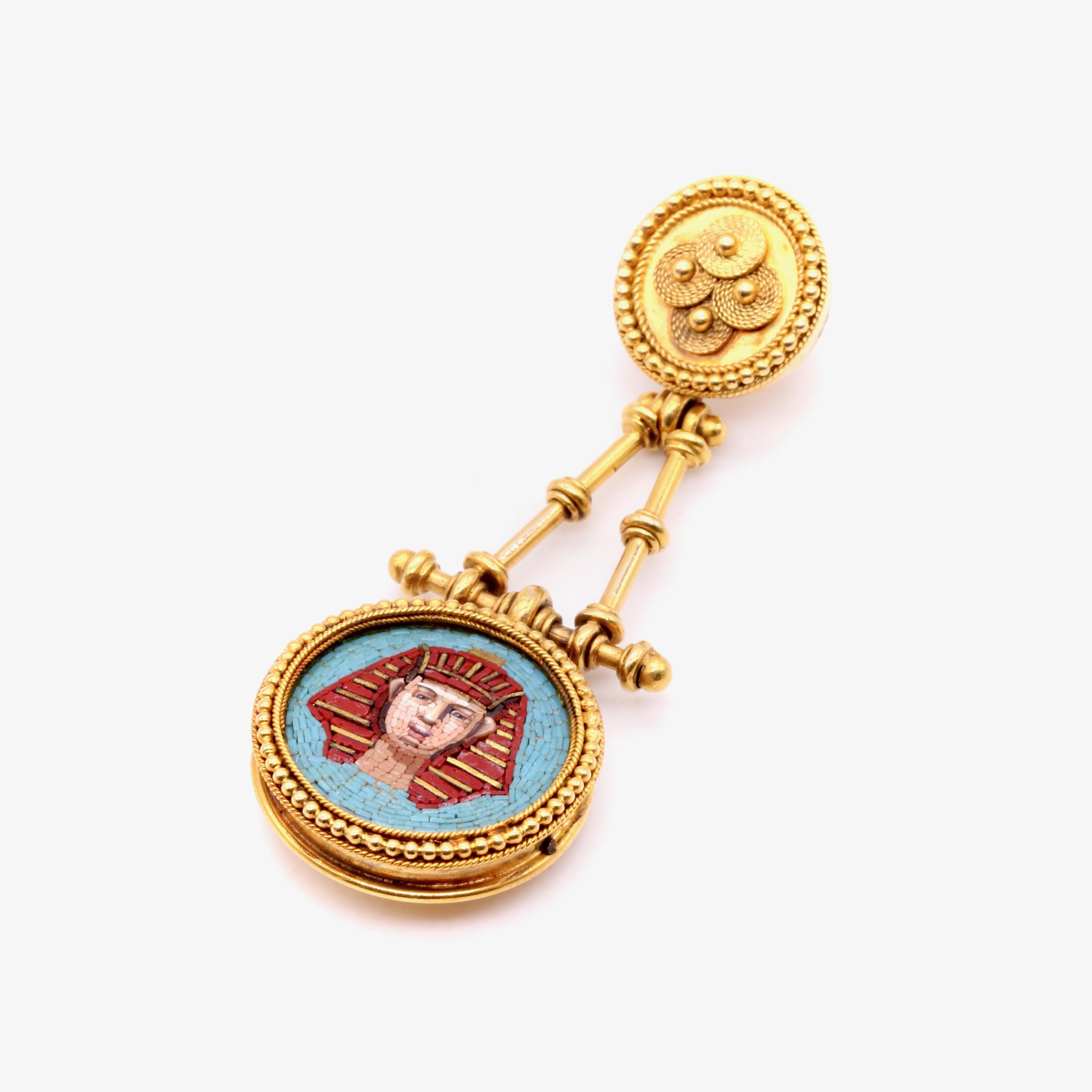 Antique Victorian 1870s 18K Gold Egyptian Revival Pharaoh Micro Mosaic Pendant For Sale 1