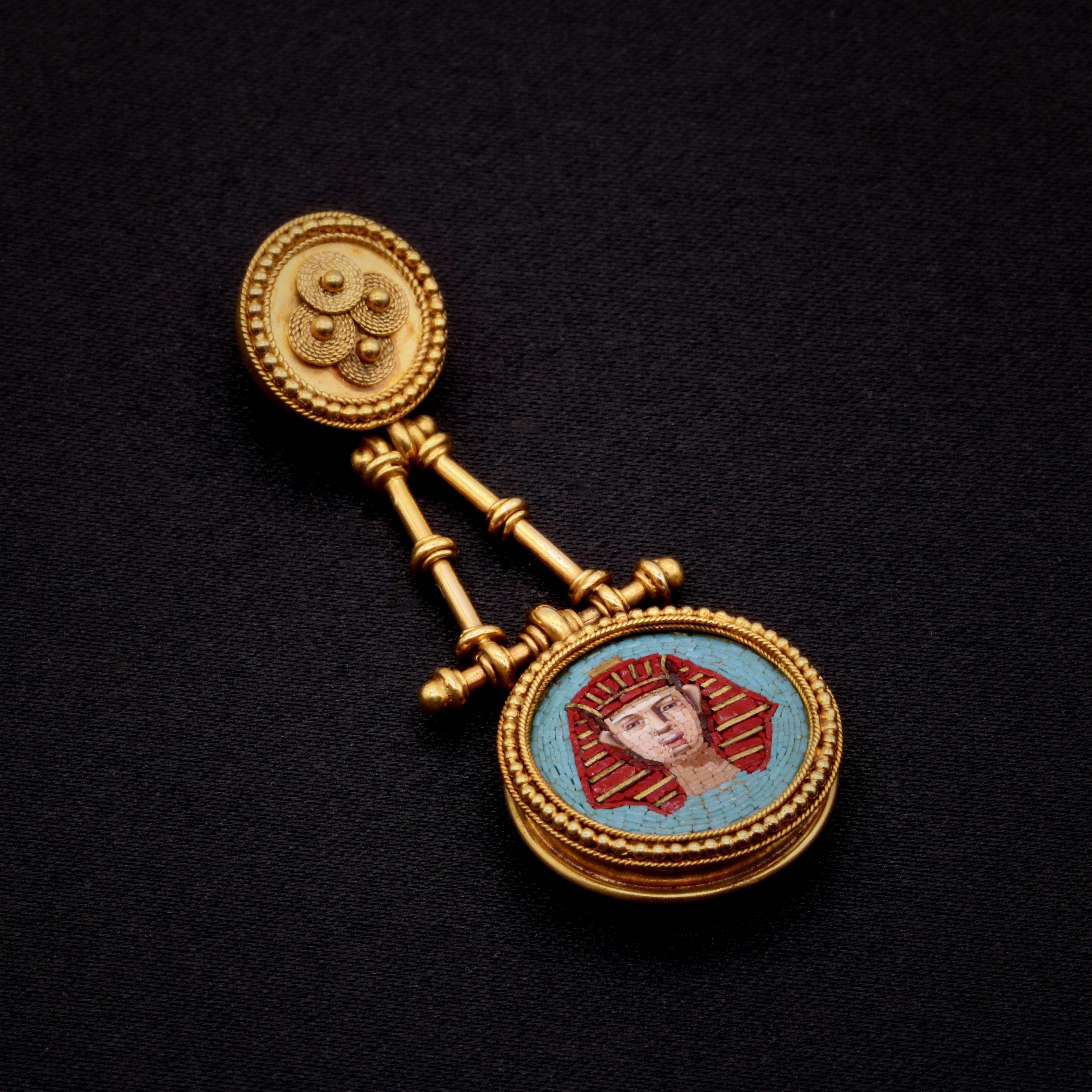 Antique Victorian 1870s 18K Gold Egyptian Revival Pharaoh Micro Mosaic Pendant For Sale 2