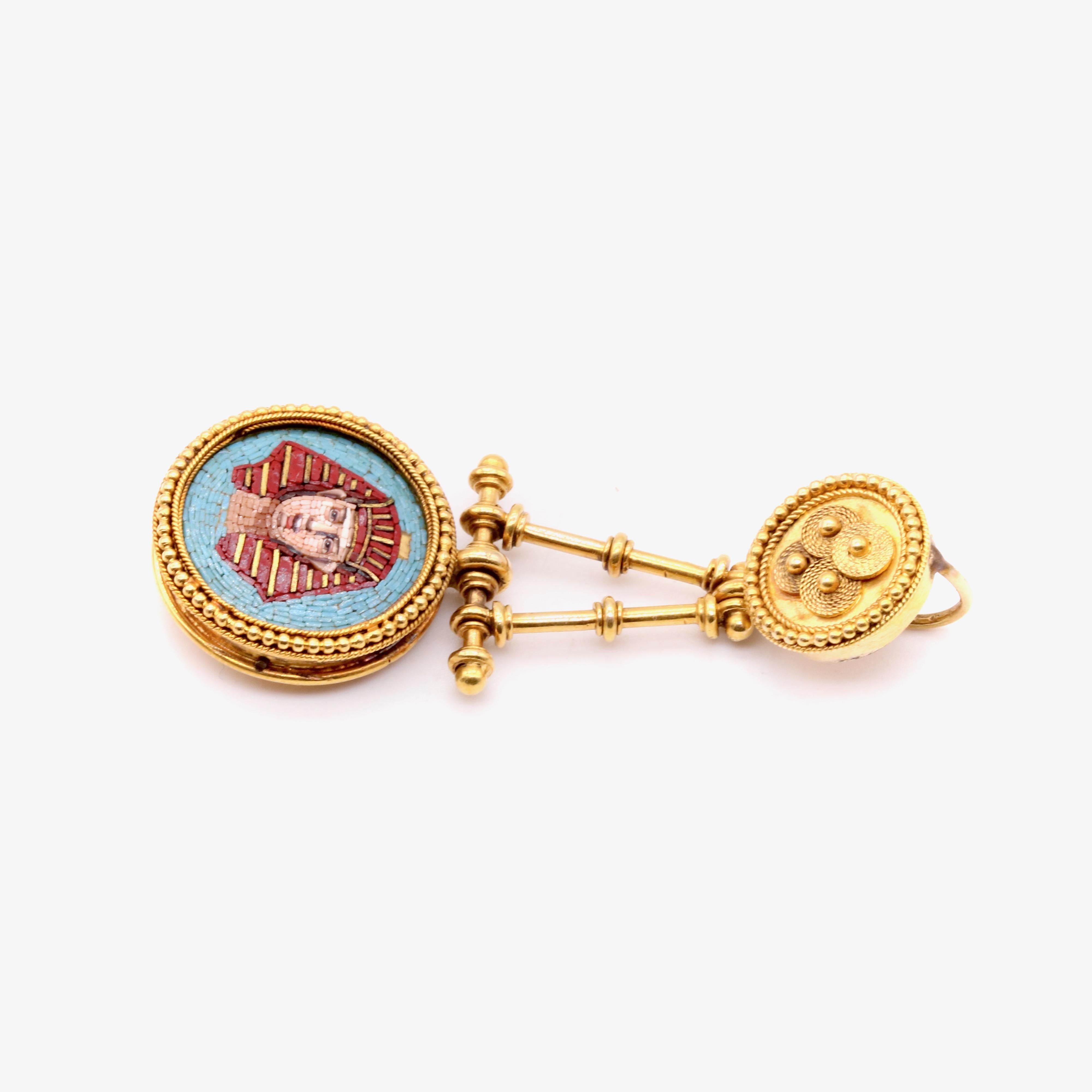 Antique Victorian 1870s 18K Gold Egyptian Revival Pharaoh Micro Mosaic Pendant For Sale 3