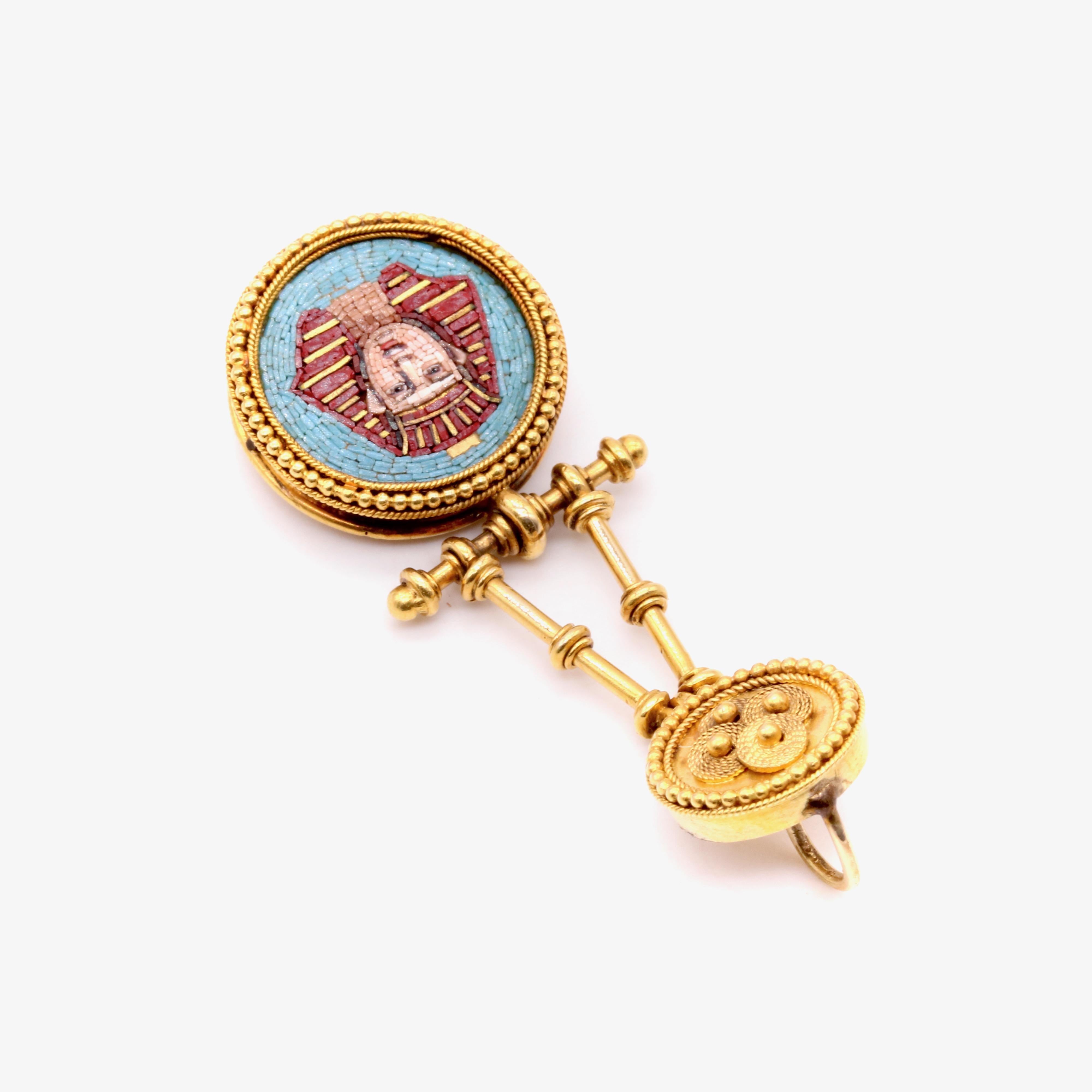 Antique Victorian 1870s 18K Gold Egyptian Revival Pharaoh Micro Mosaic Pendant For Sale 4