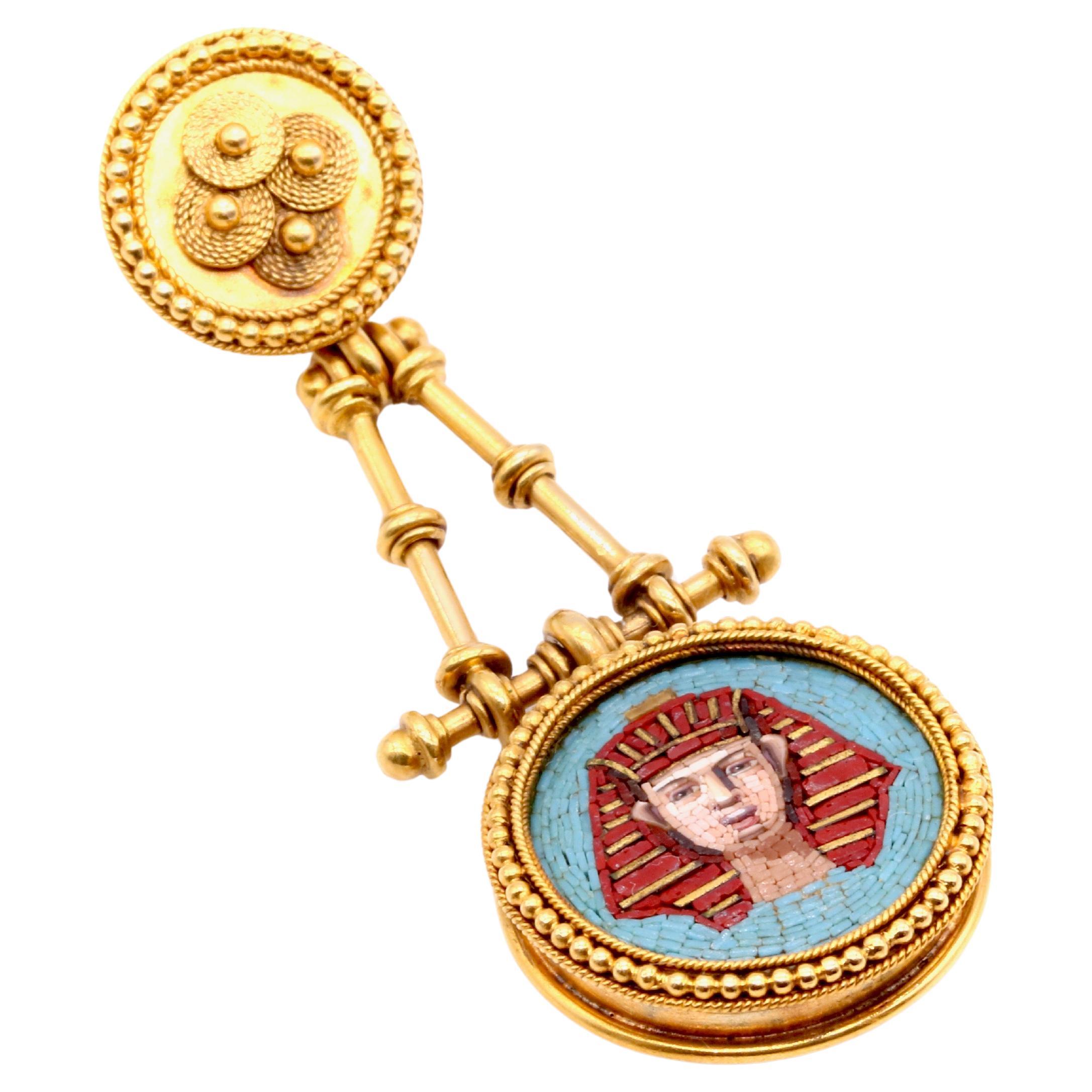 Antique Victorian 1870s 18K Gold Egyptian Revival Pharaoh Micro Mosaic Pendant For Sale