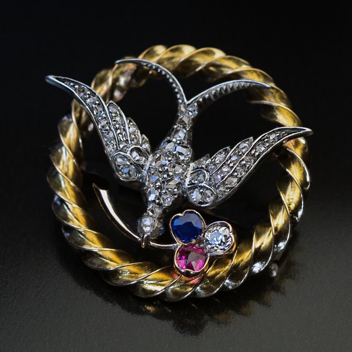 Antique Victorian, 1870s Jeweled Bird Brooch Pin In Excellent Condition In Chicago, IL