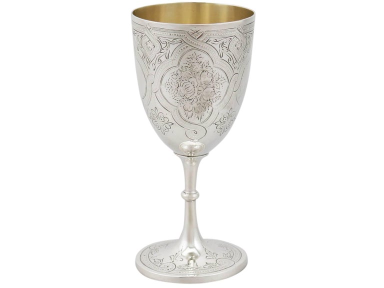 An exceptional, fine and impressive antique Victorian English sterling silver goblet made by George Adams; an addition to our collection of wine and drinks related silverware

This exceptional antique sterling silver goblet has a circular bell
