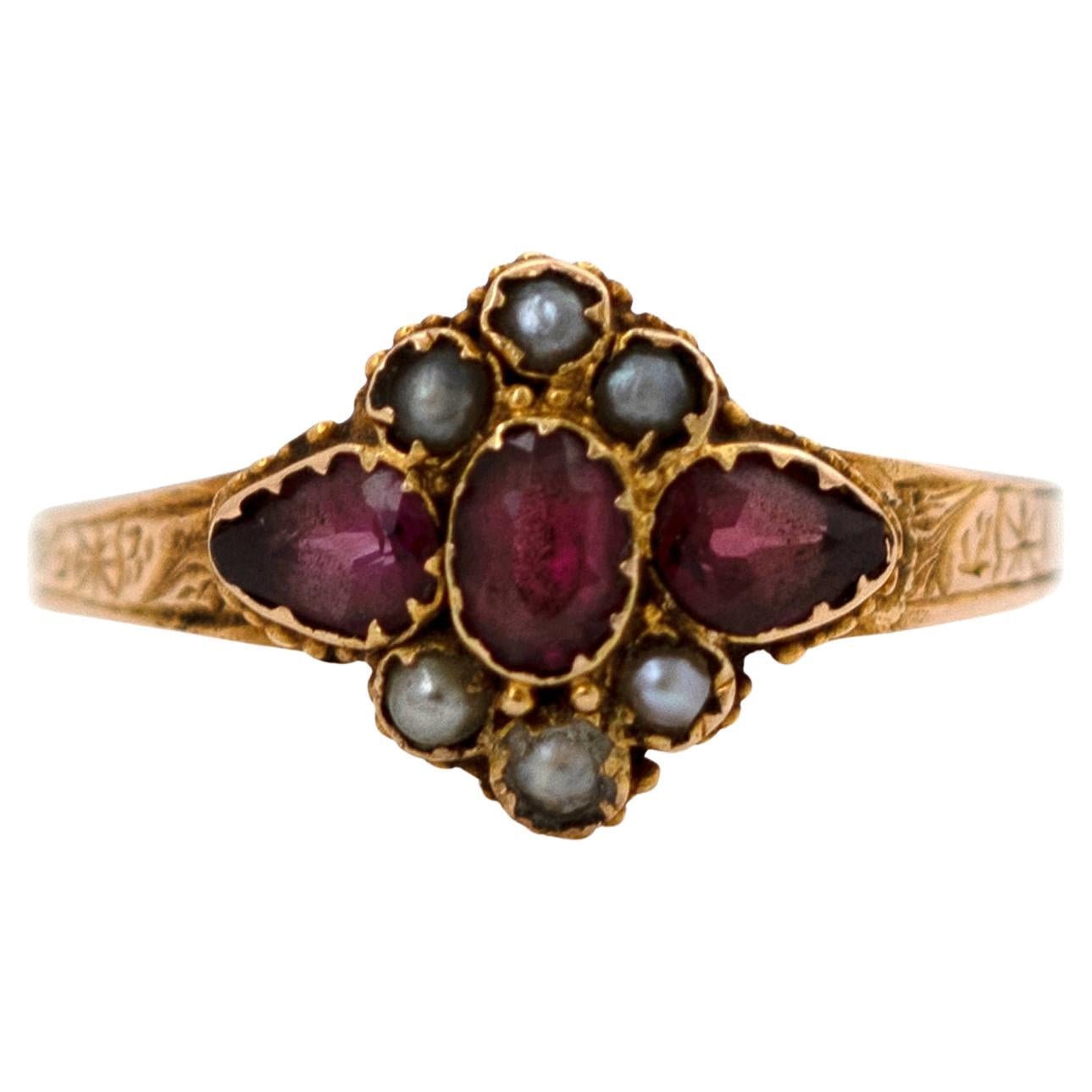 Antique Victorian 1872 Garnet Seed Pearl 15ct Ring For Sale