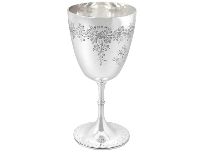 An exceptional, fine and impressive antique Victorian English sterling silver goblet; an addition to our collection of wine and drinks related silverware

This exceptional antique Victorian sterling silver goblet has a circular bell shaped form