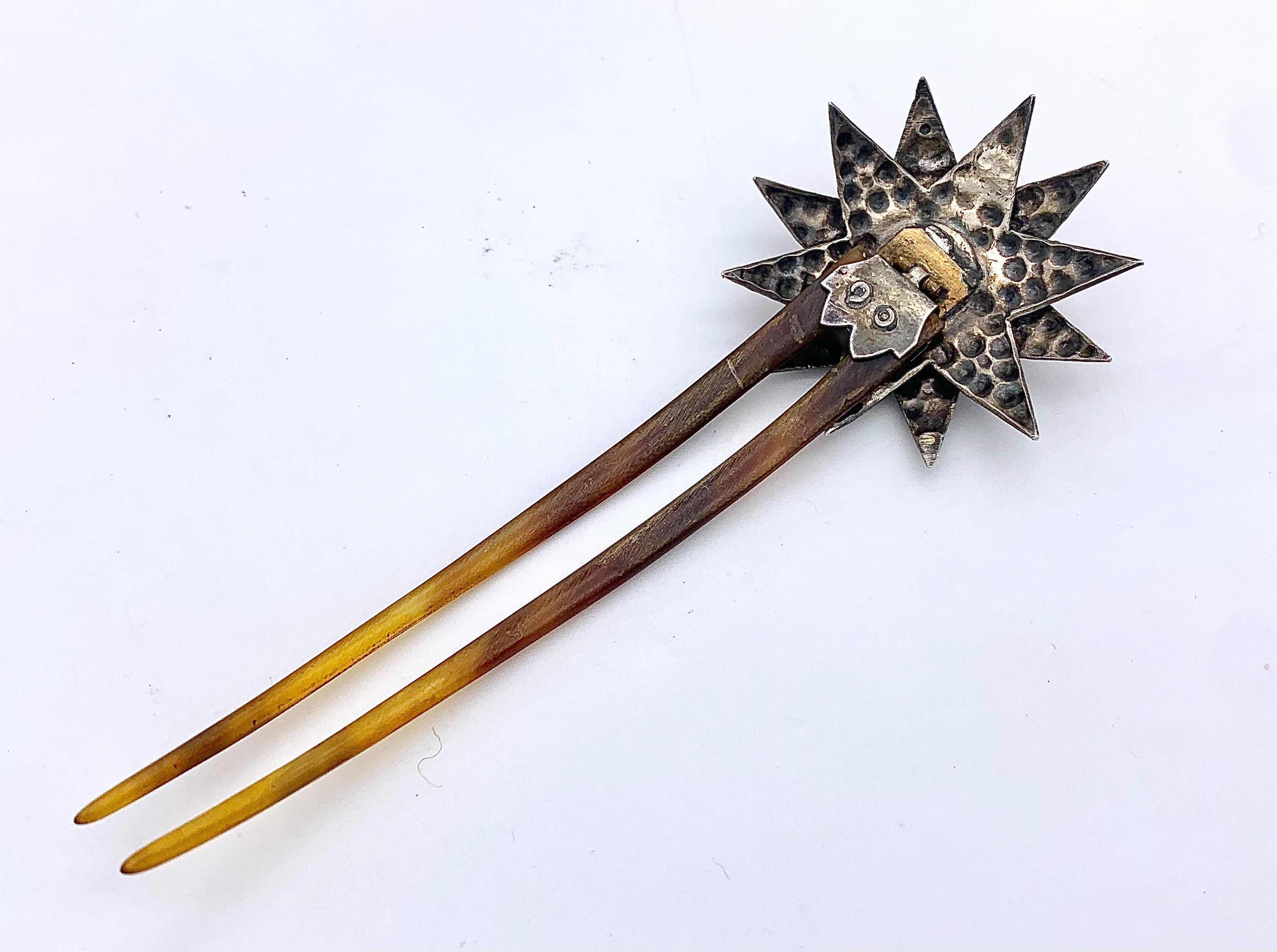 Antique Victorian 1880 Hairpin Hair Ornament Star Silver Brass Horn   In Good Condition For Sale In Munich, Bavaria