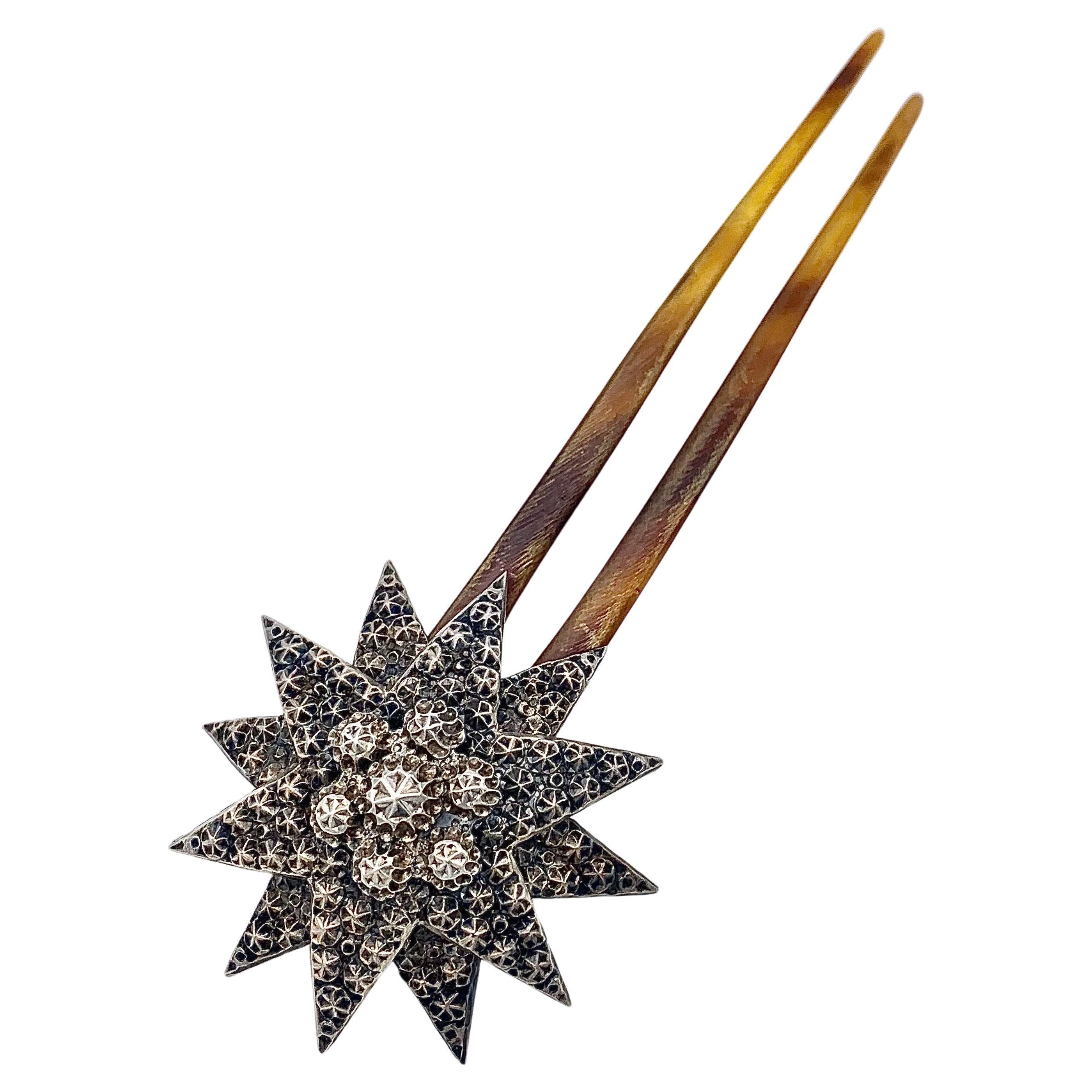 Antique Victorian 1880 Hairpin Hair Ornament Star Silver Brass Horn  