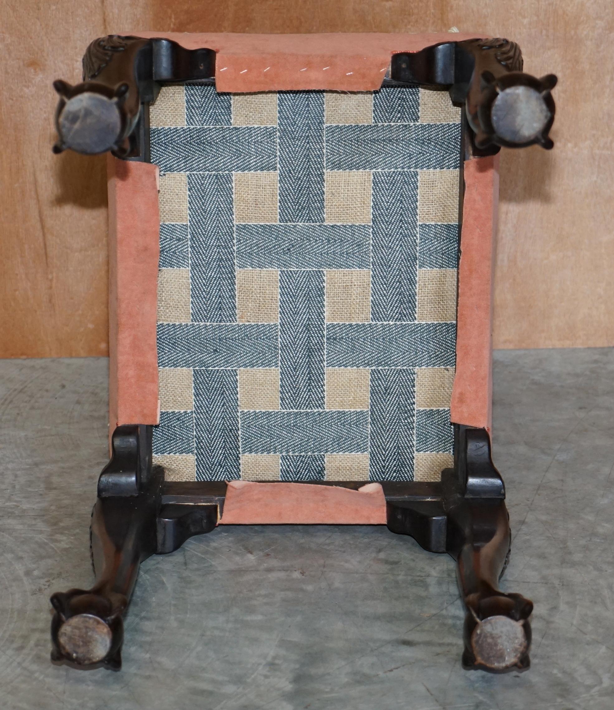 Upholstery Antique Victorian 1880 Hand Carved Claw & Ball Feet Piano Stool or Bench Seat For Sale